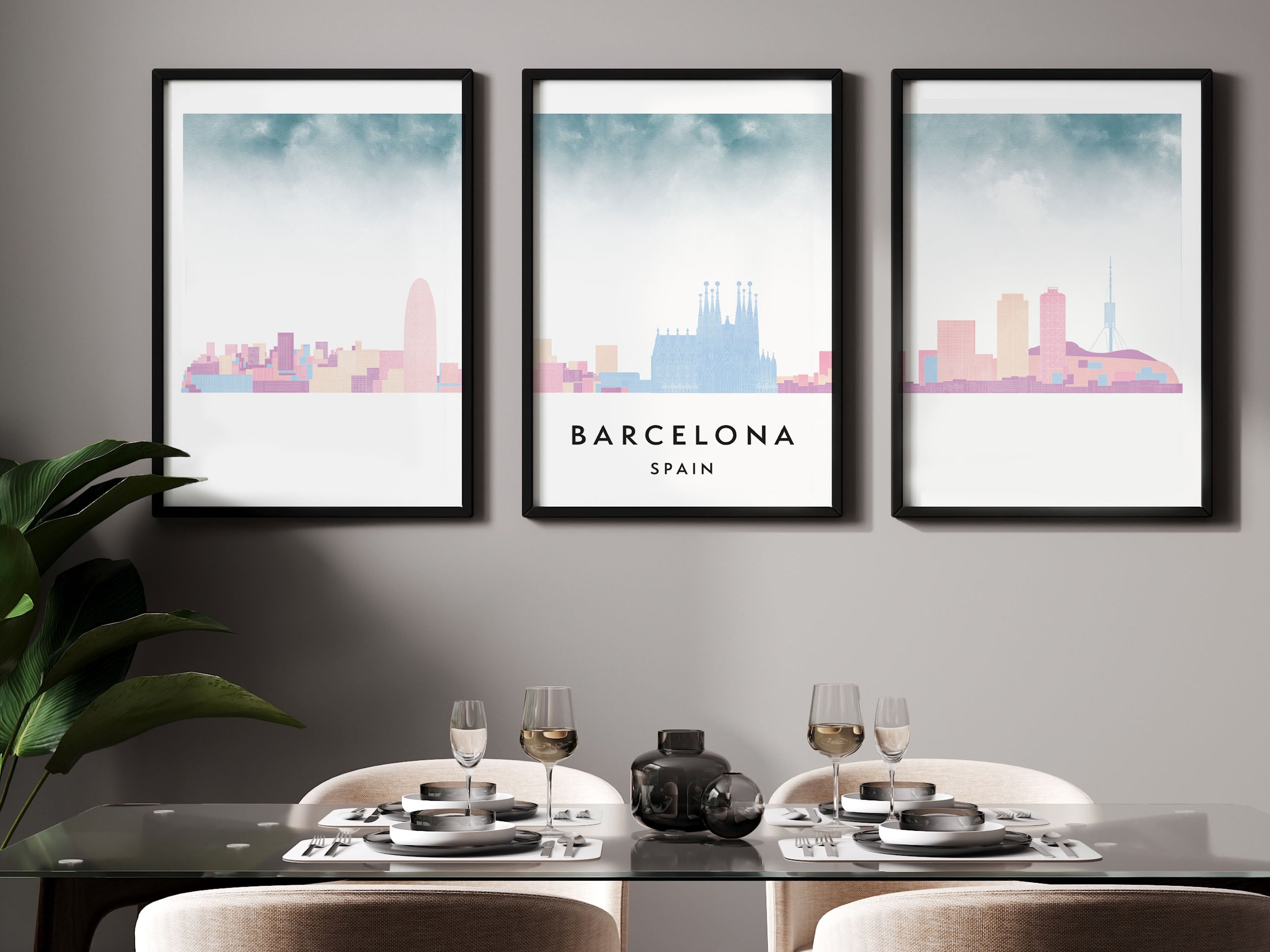 Barcelona Silhouette Triptych in Watercolor Style, Barcelona Skyline Poster, Barcelona Set of 3 Posters, Watercolor style