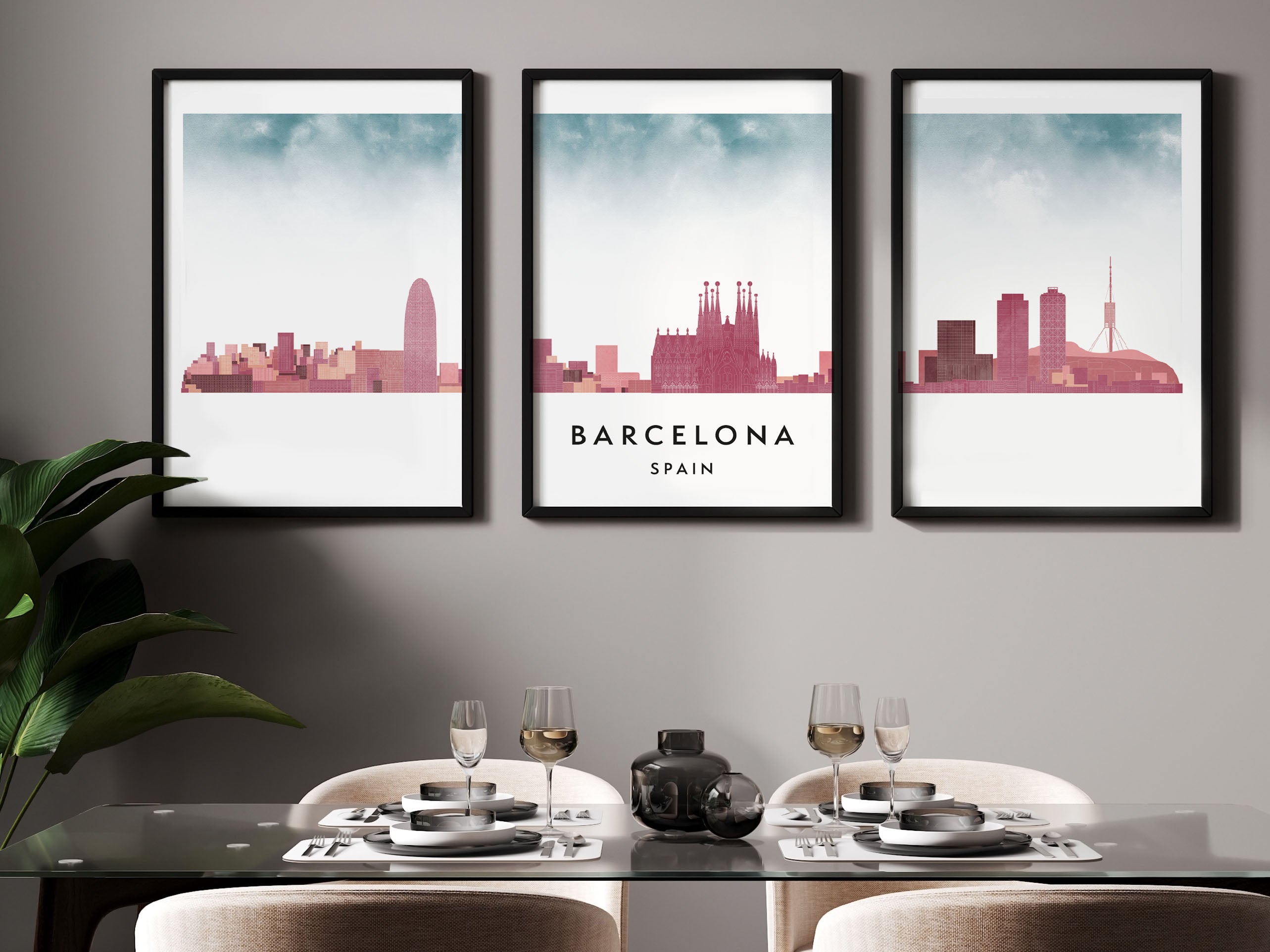 Barcelona Silhouette Triptych in Watercolor Style, Barcelona Skyline Poster, Barcelona Set of 3 Posters, Watercolor style