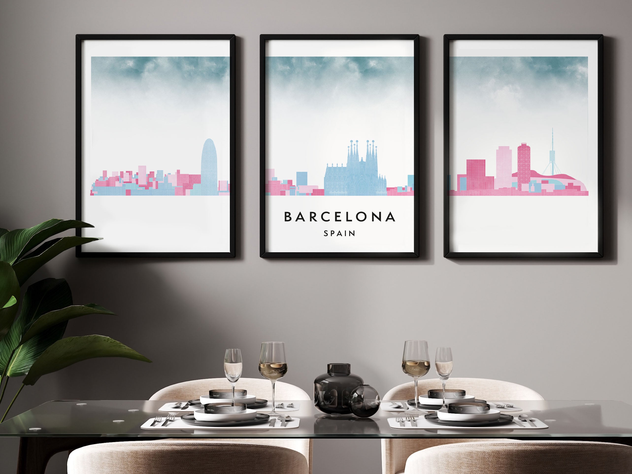 Barcelona Silhouette Triptych in Watercolor Style, Barcelona Skyline Poster, Barcelona Set of 3 Posters, Watercolor style