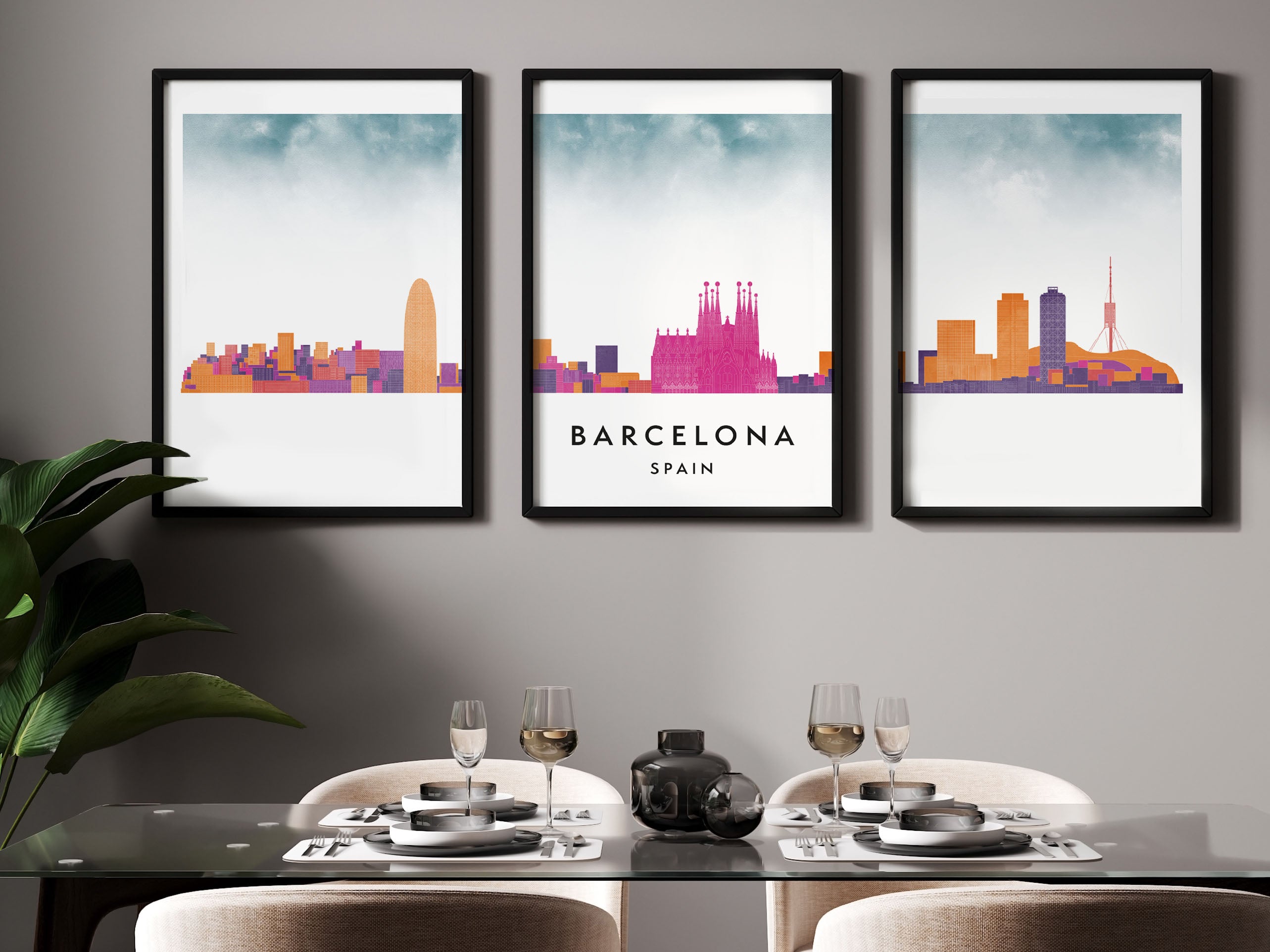 Barcelona Silhouette Triptych in Watercolor Style, Barcelona Skyline Poster, Barcelona Set of 3 Posters, Watercolor style