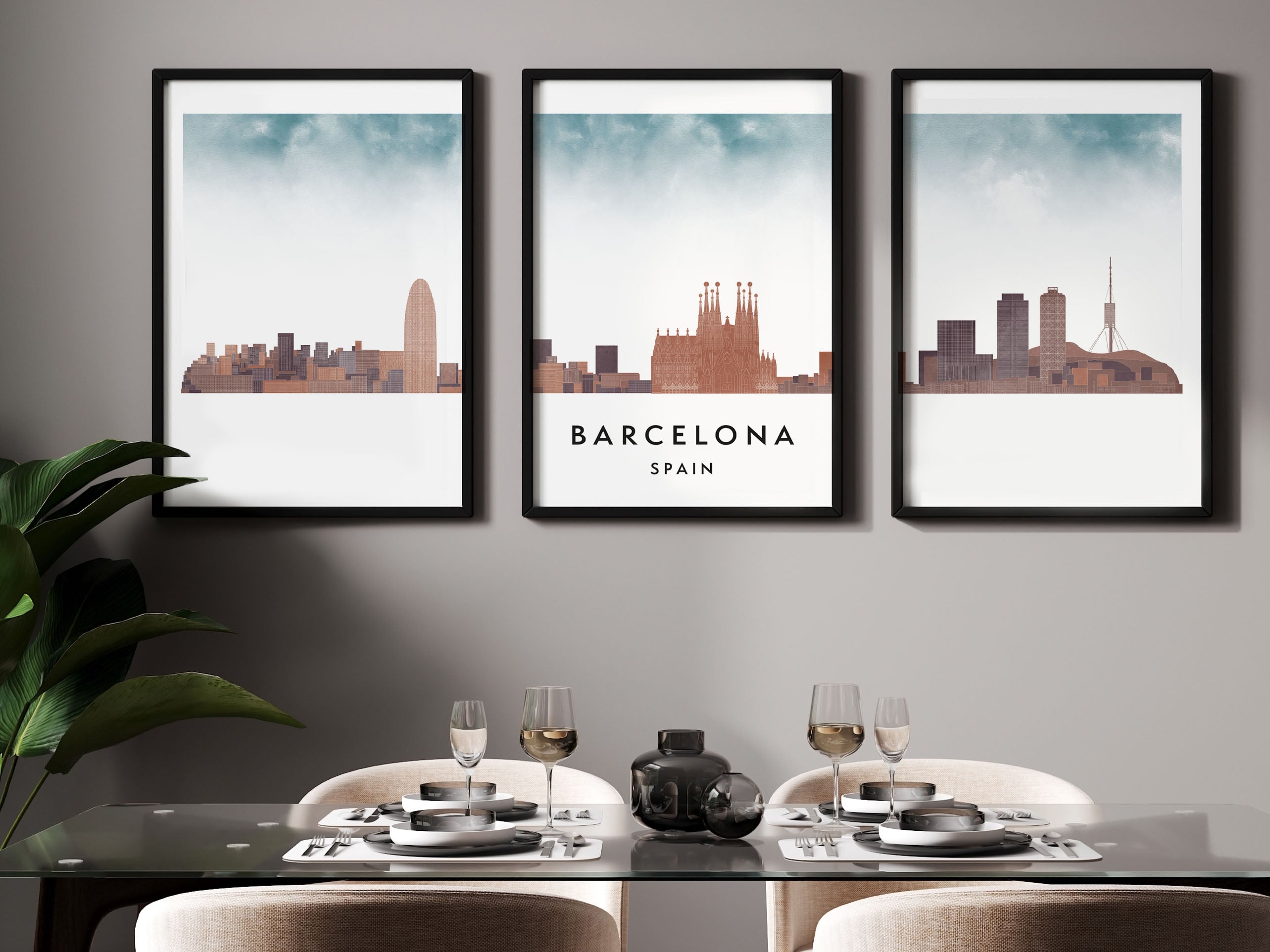 Barcelona Silhouette Triptych in Watercolor Style, Barcelona Skyline Poster, Barcelona Set of 3 Posters, Watercolor style