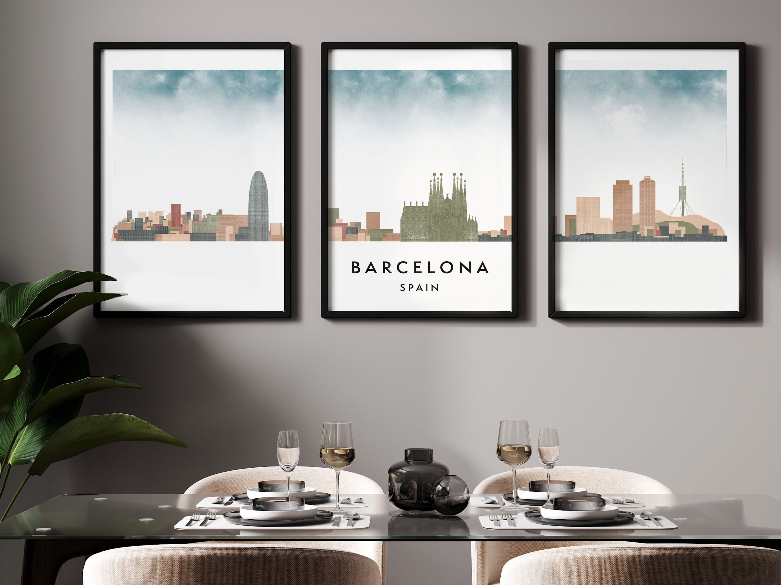 Barcelona Silhouette Triptych in Watercolor Style, Barcelona Skyline Poster, Barcelona Set of 3 Posters, Watercolor style