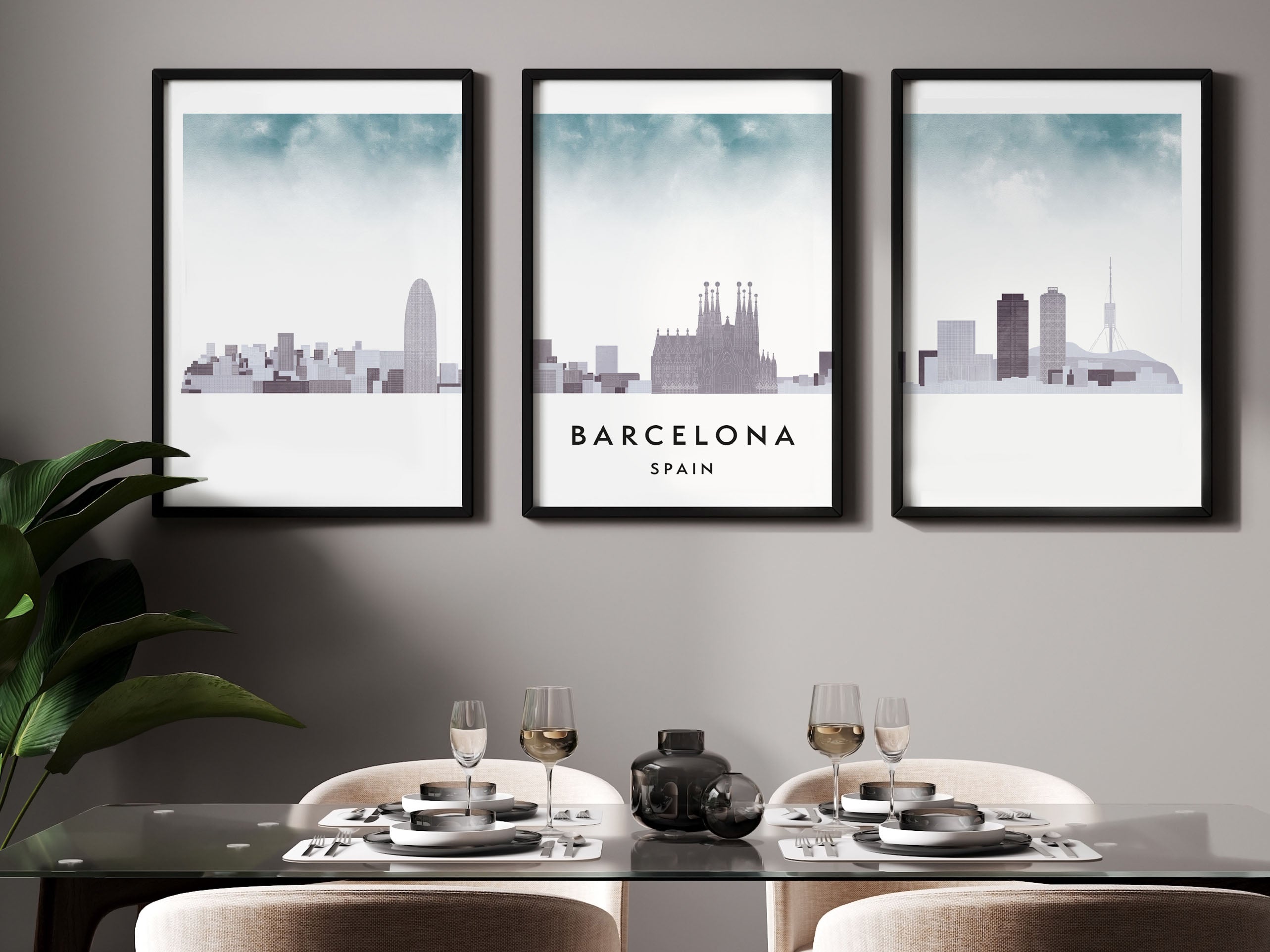 Barcelona Silhouette Triptych in Watercolor Style, Barcelona Skyline Poster, Barcelona Set of 3 Posters, Watercolor style