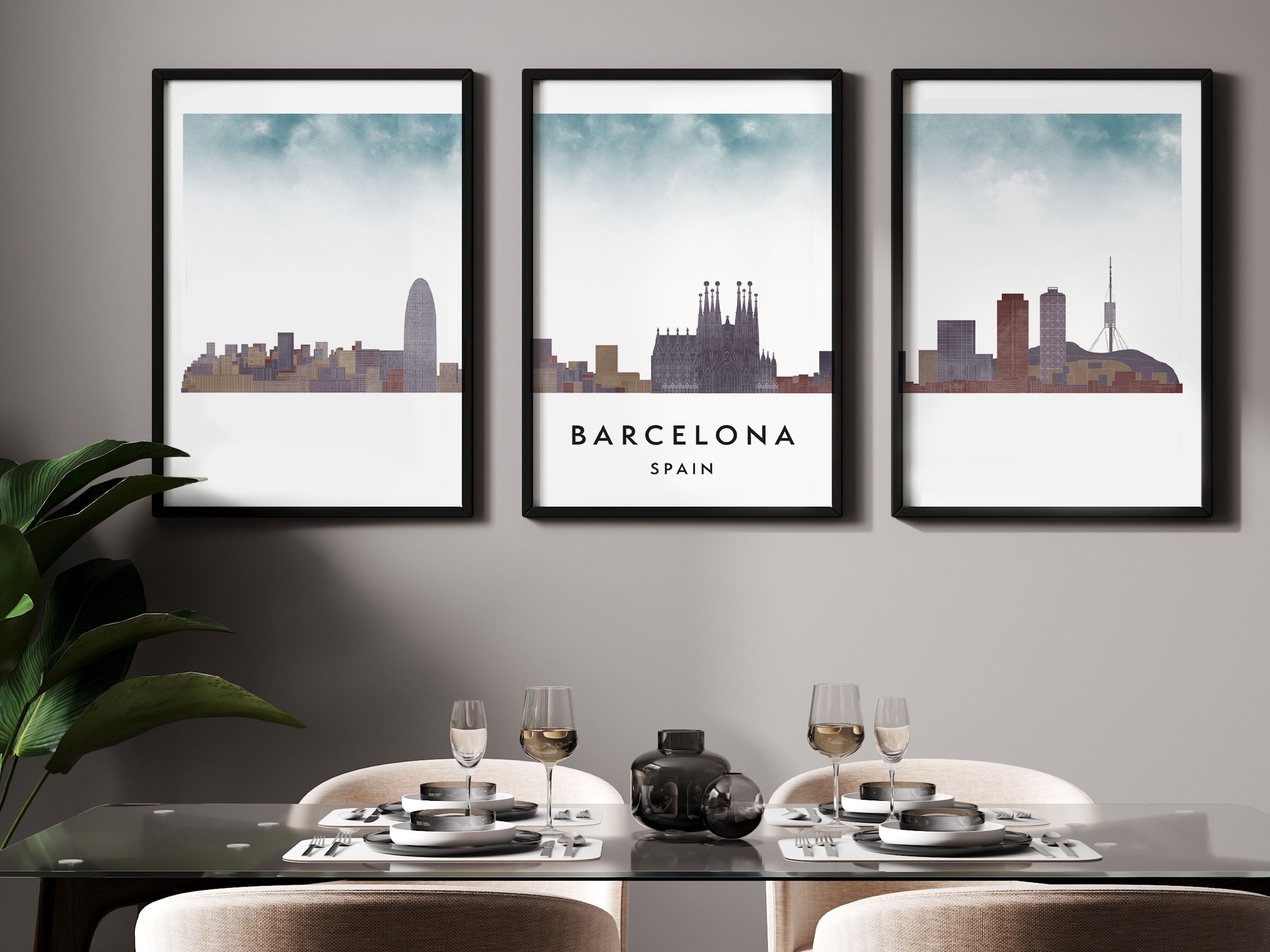 Barcelona Silhouette Triptych in Watercolor Style, Barcelona Skyline Poster, Barcelona Set of 3 Posters, Watercolor style
