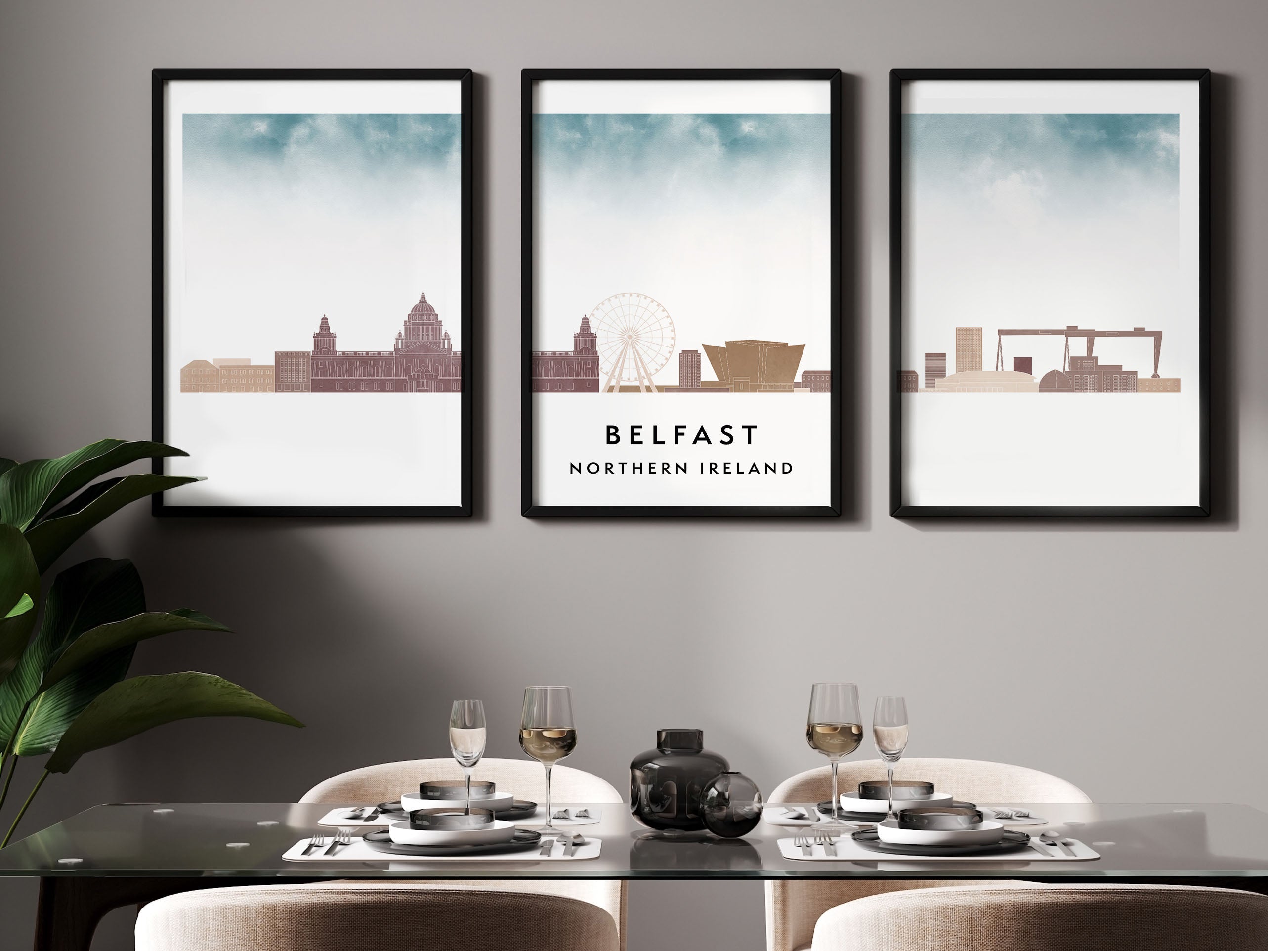 Belfast Silhouette Triptych in Watercolor Style, Belfast Skyline Poster, Belfast Set of 3 Posters, Watercolor style