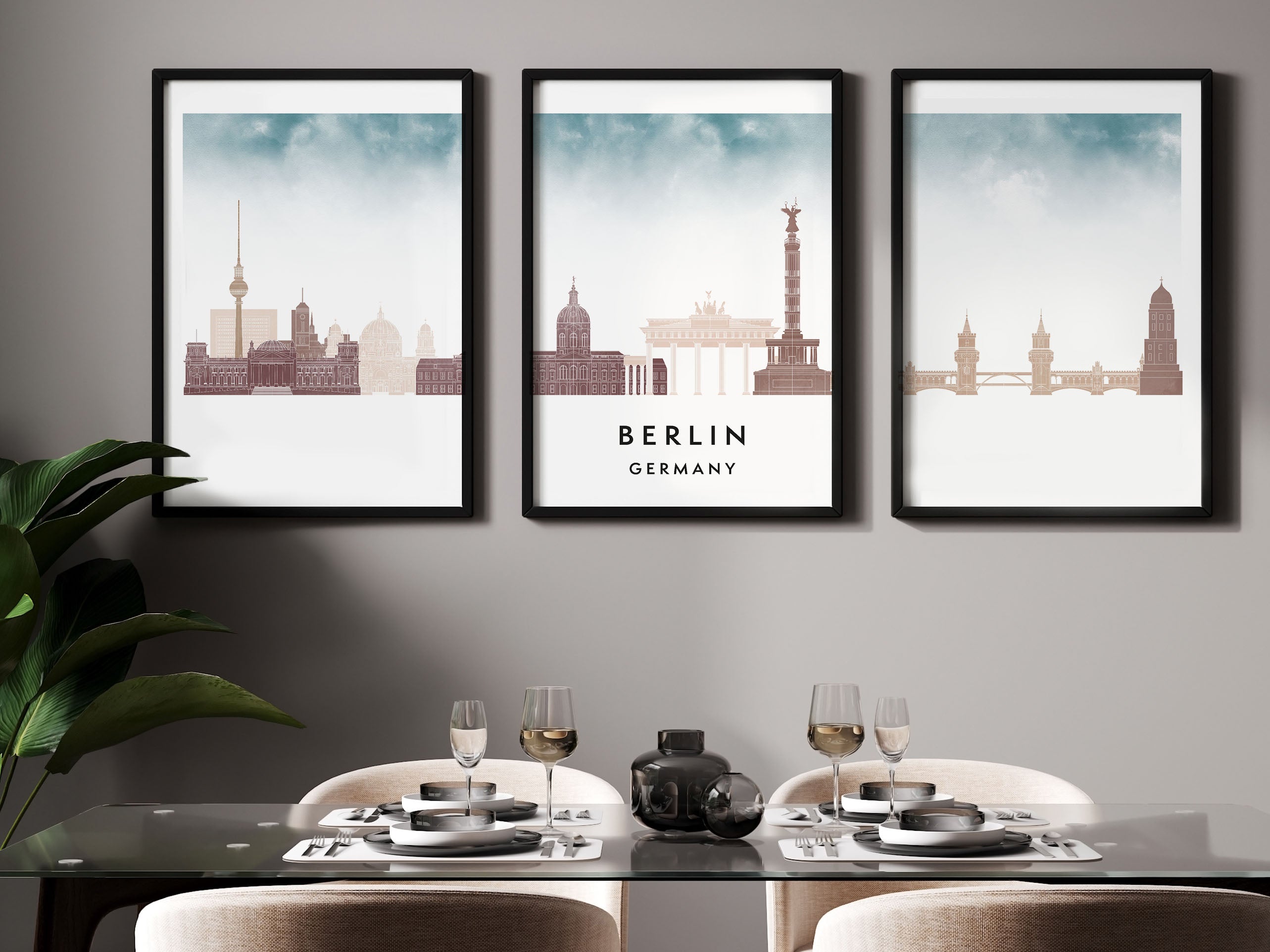 Berlin Silhouette Triptych in Watercolor Style, Berlin Skyline Poster, Berlin Set of 3 Posters, Watercolor style