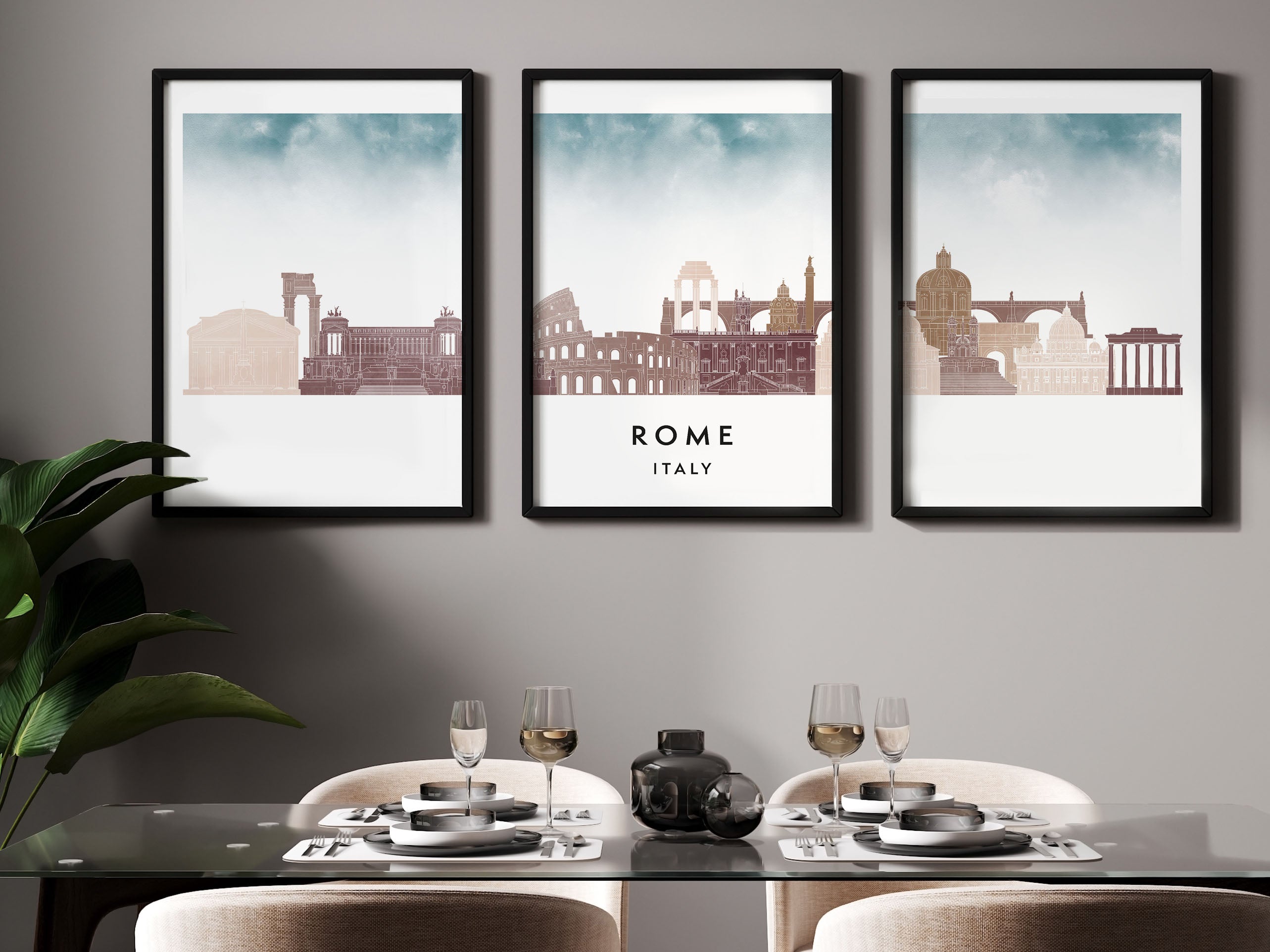 Rome Silhouette Triptych in Watercolor Style, Rome Skyline Poster, Rome Set of 3 Posters, Watercolor style