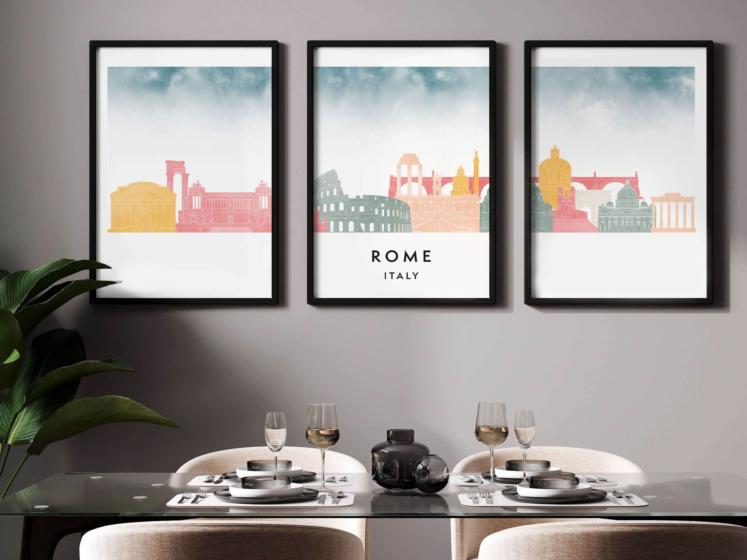 Rome Silhouette Triptych in Watercolor Style, Rome Skyline Poster, Rome Set of 3 Posters, Watercolor style