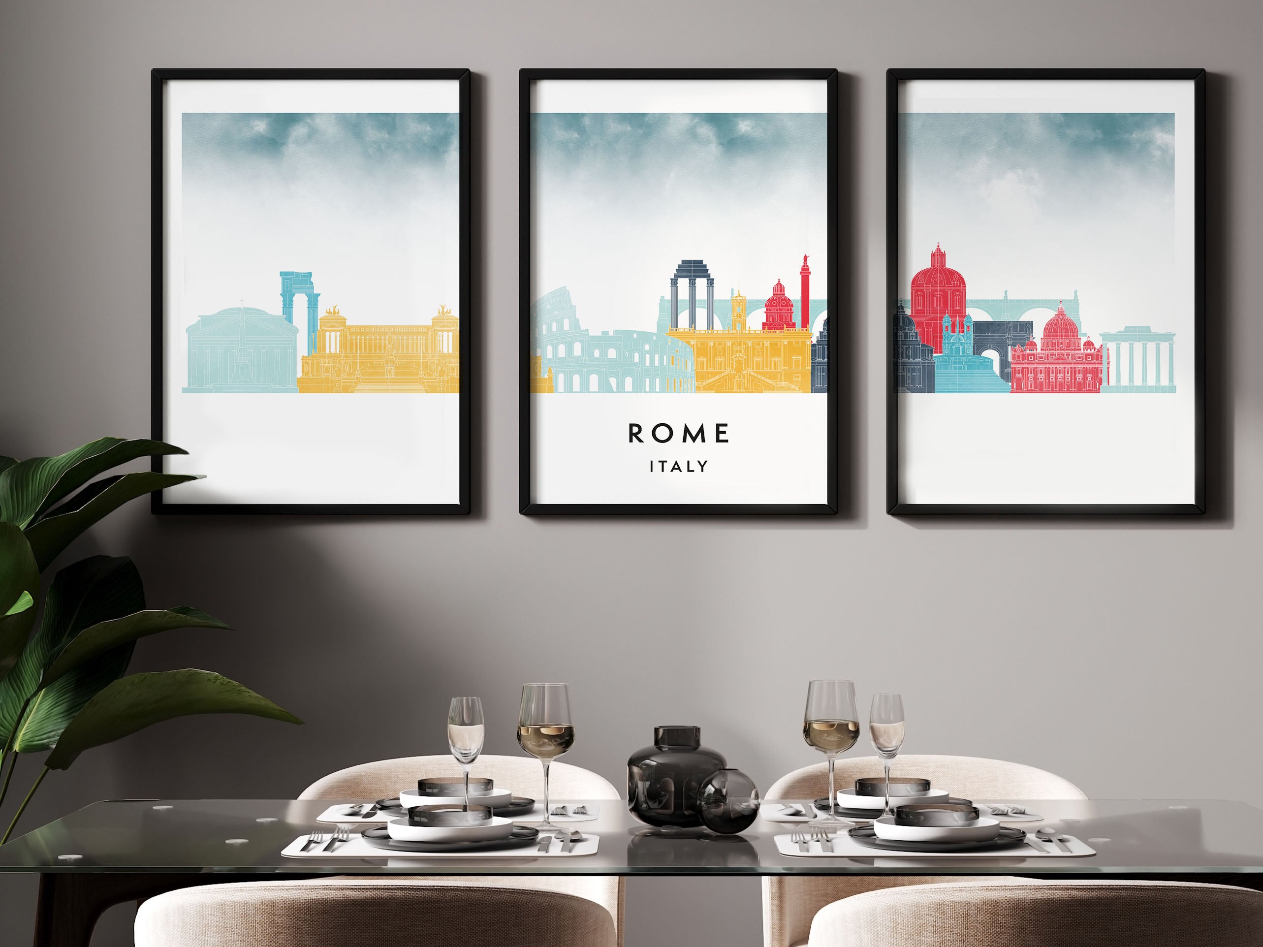 Rome Silhouette Triptych in Watercolor Style, Rome Skyline Poster, Rome Set of 3 Posters, Watercolor style