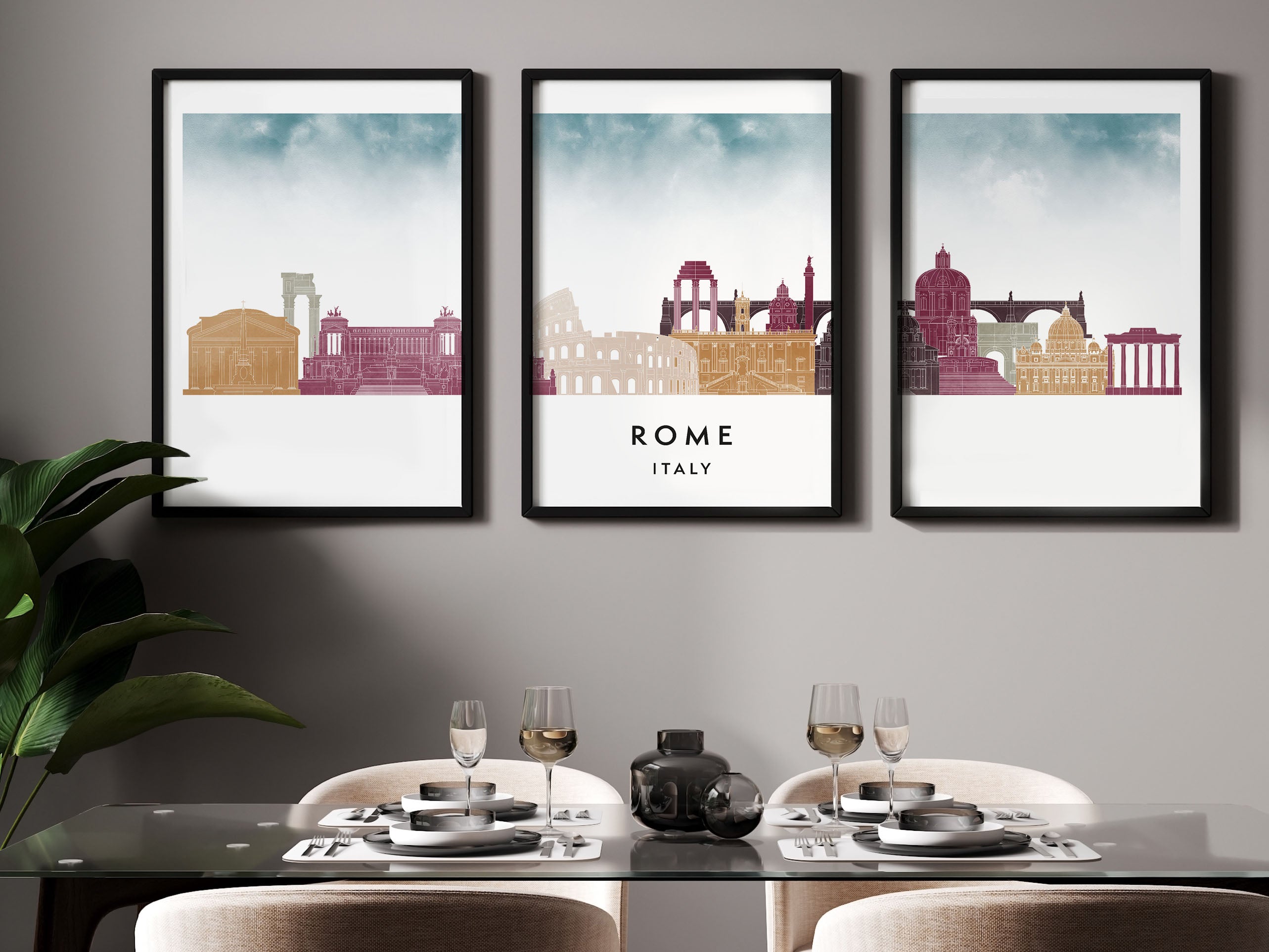 Rome Silhouette Triptych in Watercolor Style, Rome Skyline Poster, Rome Set of 3 Posters, Watercolor style