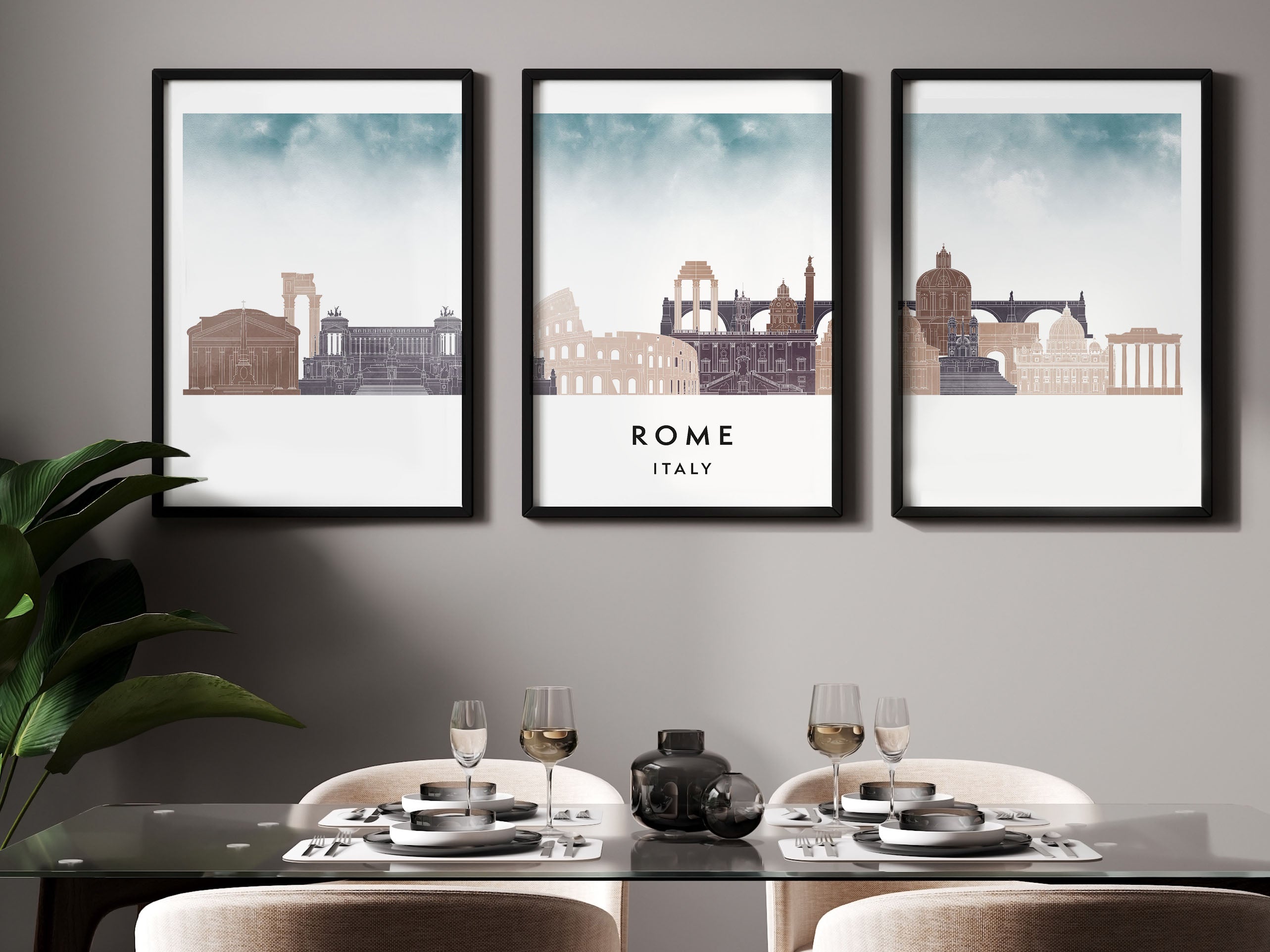 Rome Silhouette Triptych in Watercolor Style, Rome Skyline Poster, Rome Set of 3 Posters, Watercolor style