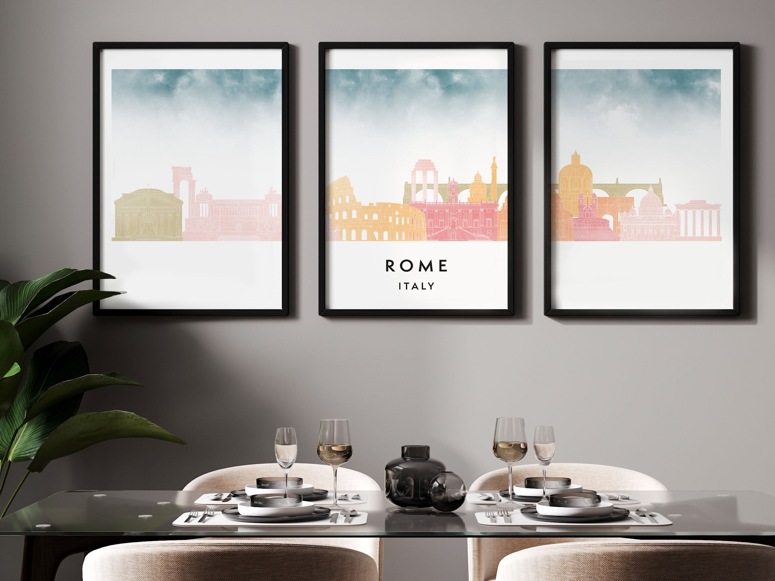 Rome Silhouette Triptych in Watercolor Style, Rome Skyline Poster, Rome Set of 3 Posters, Watercolor style