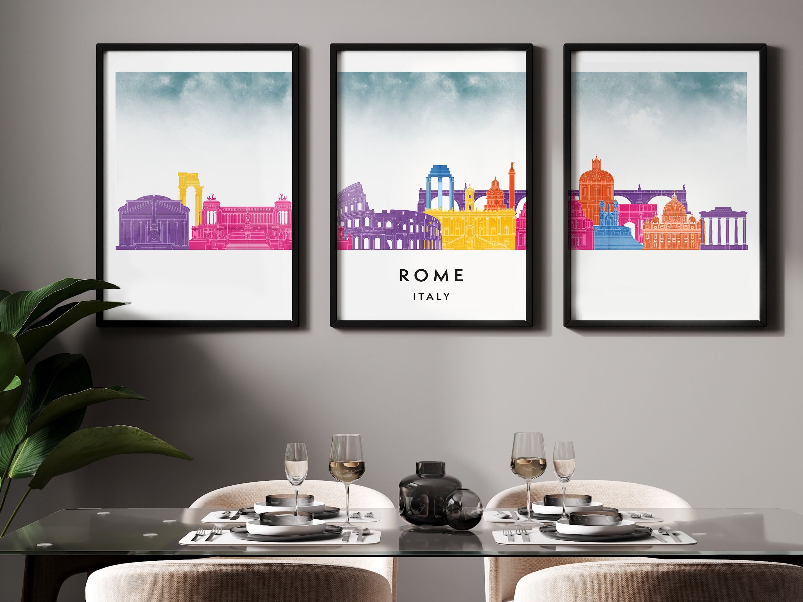 Rome Silhouette Triptych in Watercolor Style, Rome Skyline Poster, Rome Set of 3 Posters, Watercolor style