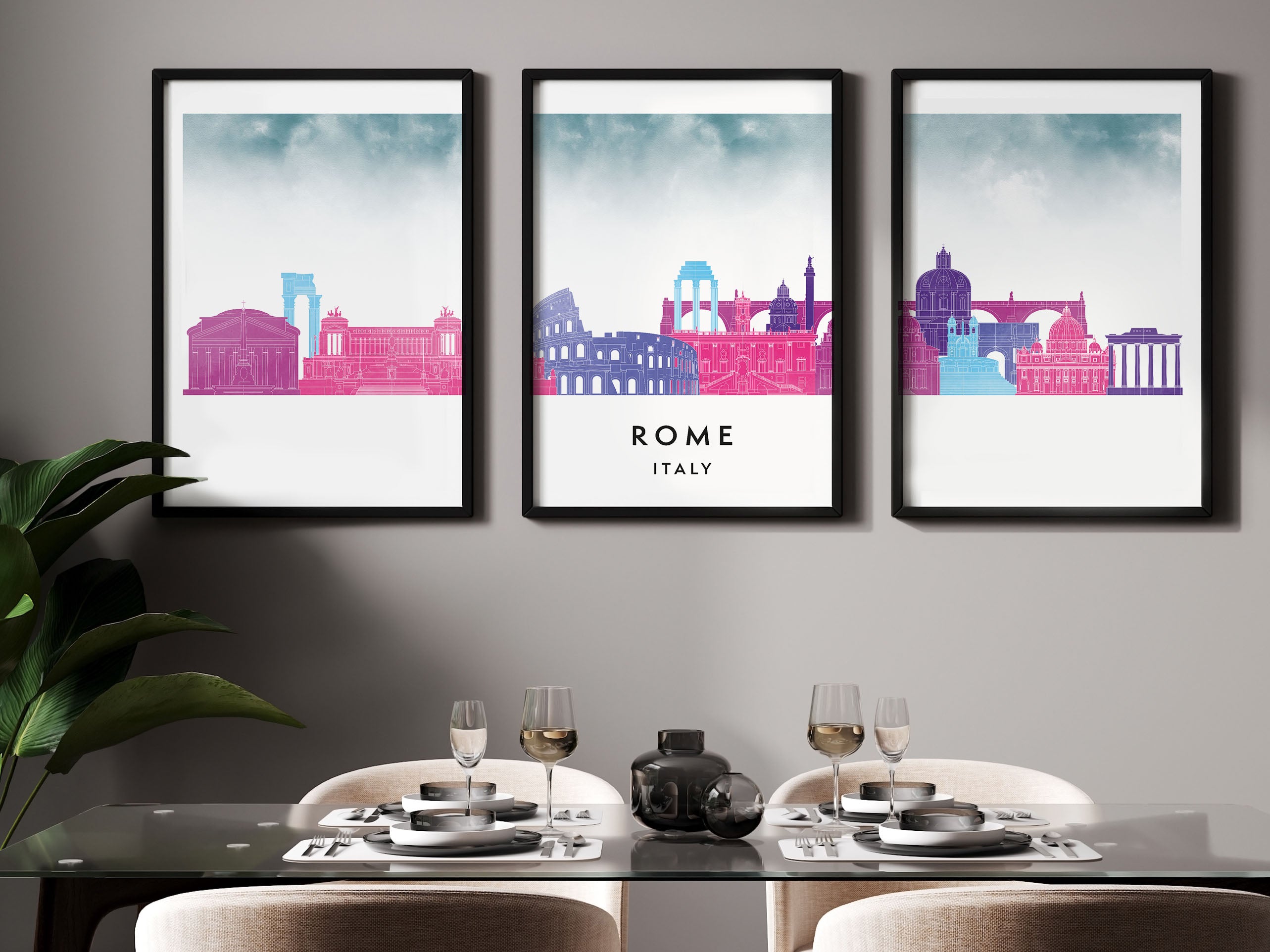 Rome Silhouette Triptych in Watercolor Style, Rome Skyline Poster, Rome Set of 3 Posters