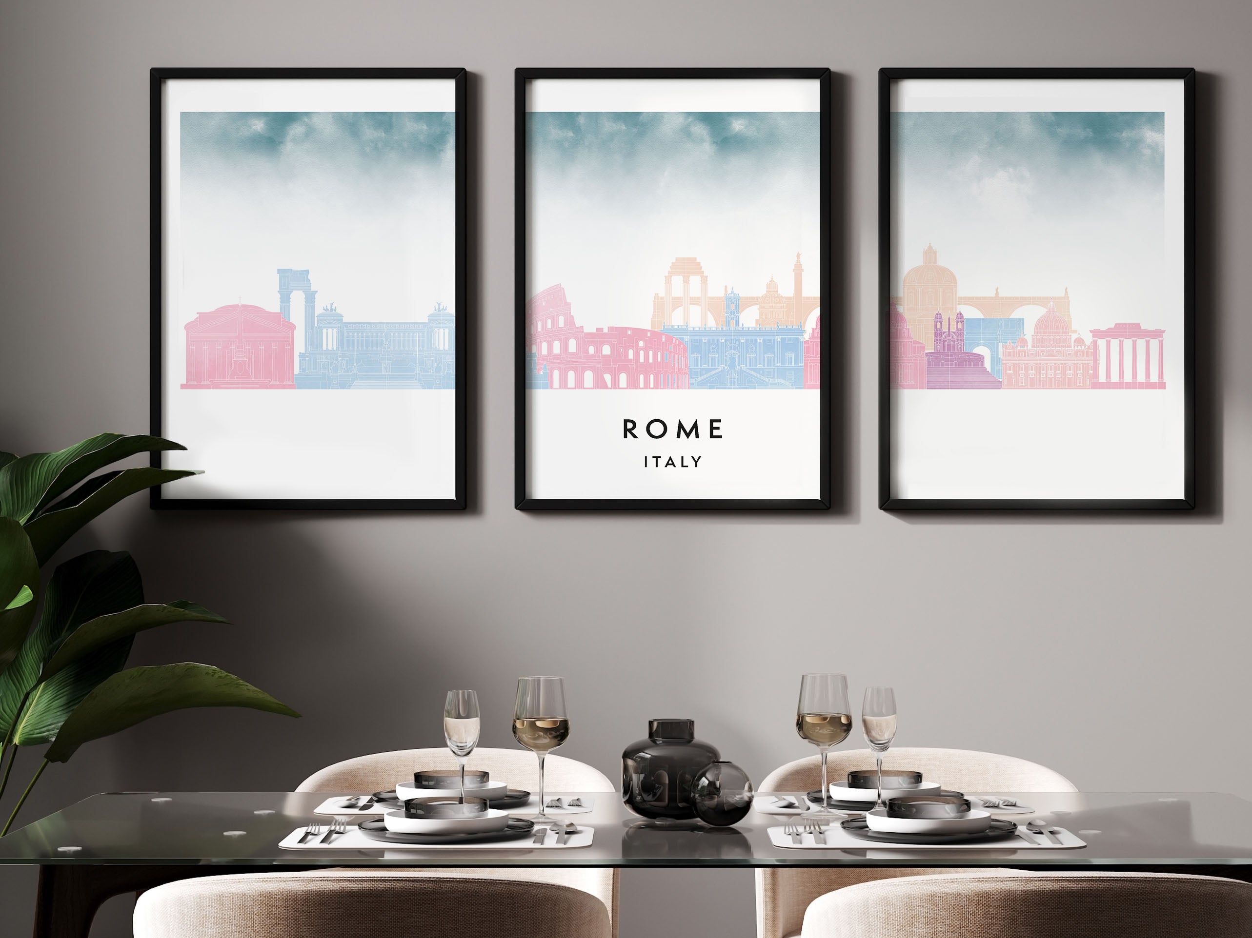 Rome Silhouette Triptych in Watercolor Style, Rome Skyline Poster, Rome Set of 3 Posters, Watercolor style