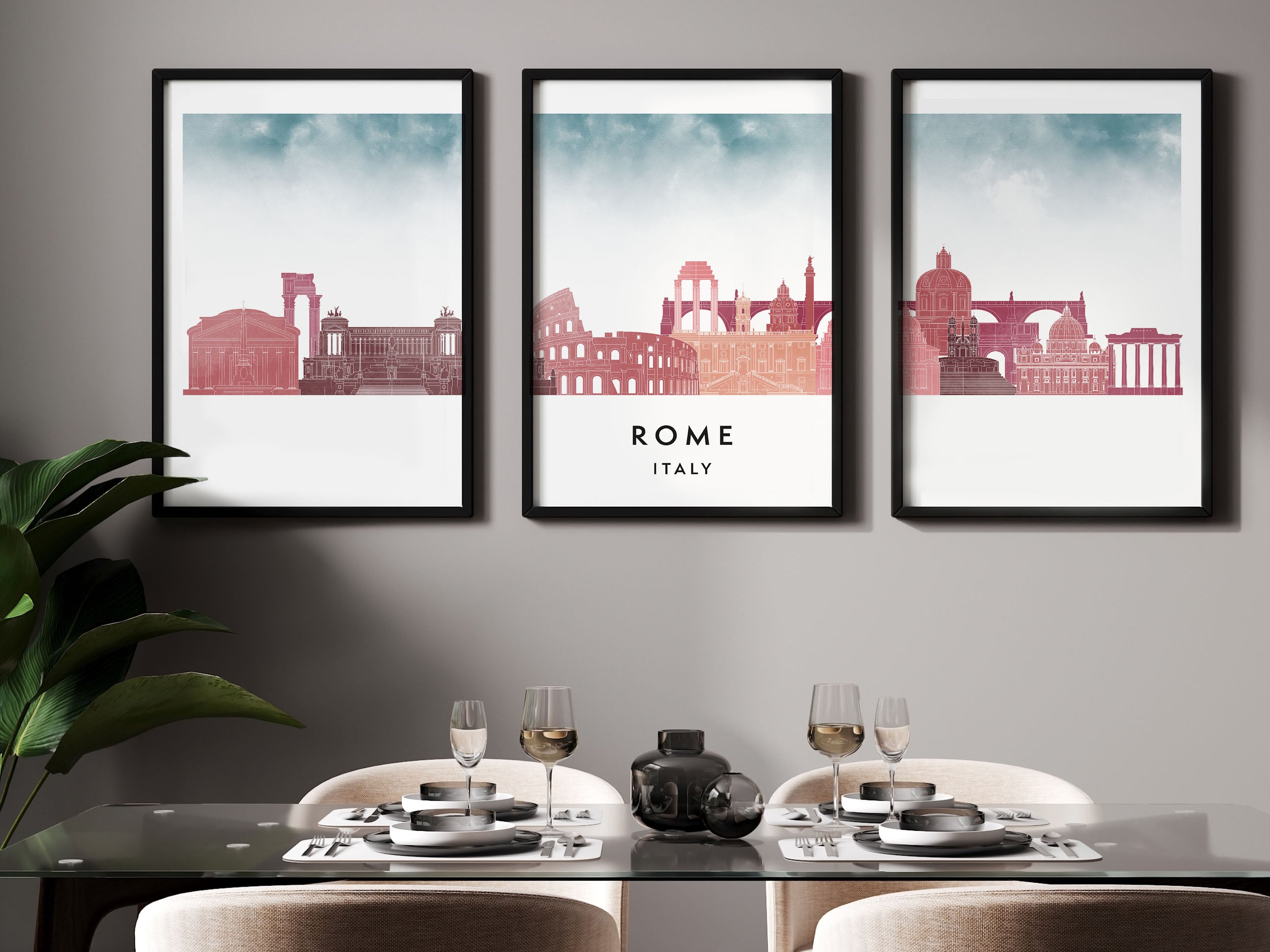 Rome Silhouette Triptych in Watercolor Style, Rome Skyline Poster, Rome Set of 3 Posters, Watercolor style