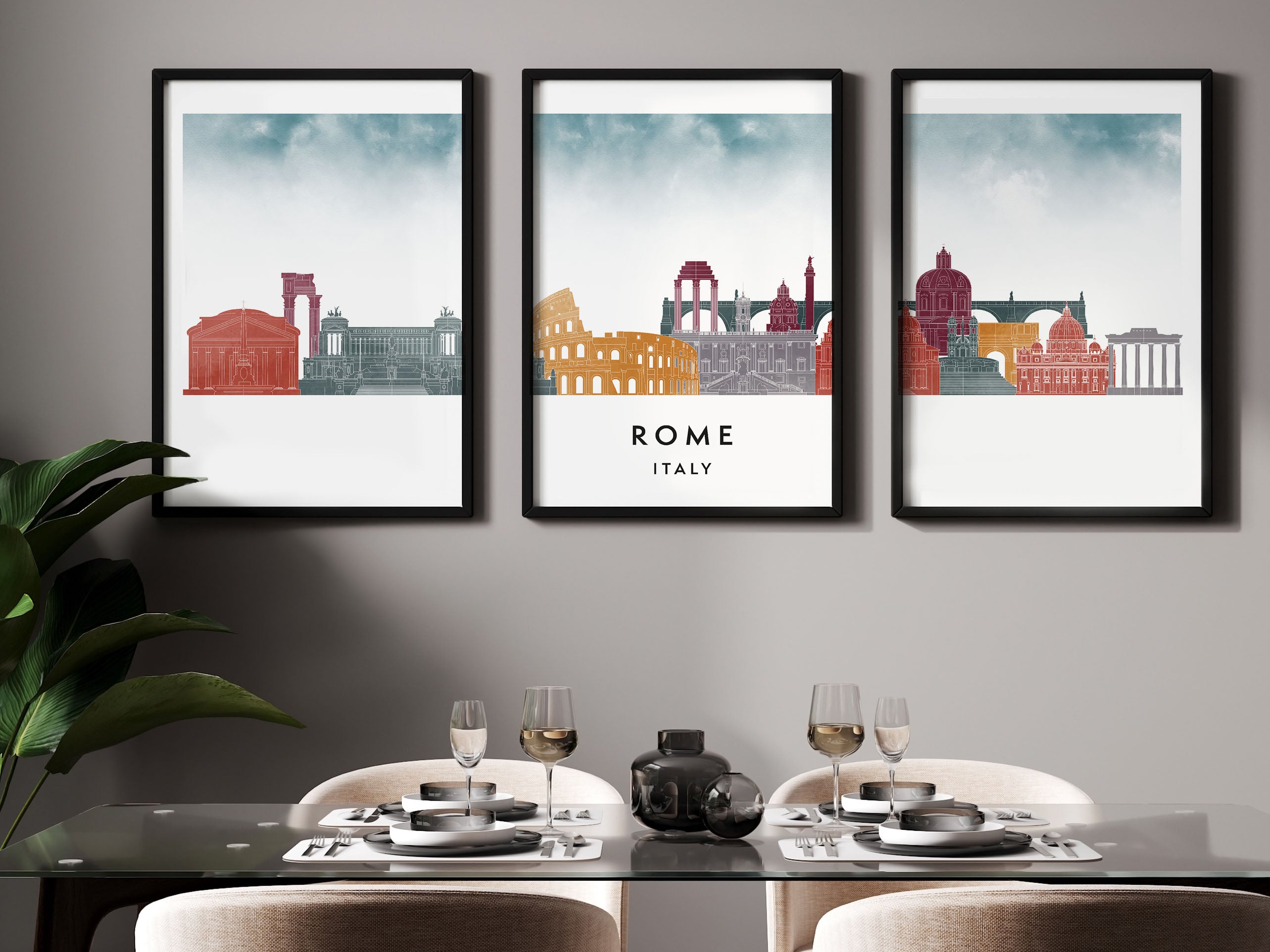 Rome Silhouette Triptych in Watercolor Style, Rome Skyline Poster, Rome Set of 3 Posters, Watercolor style
