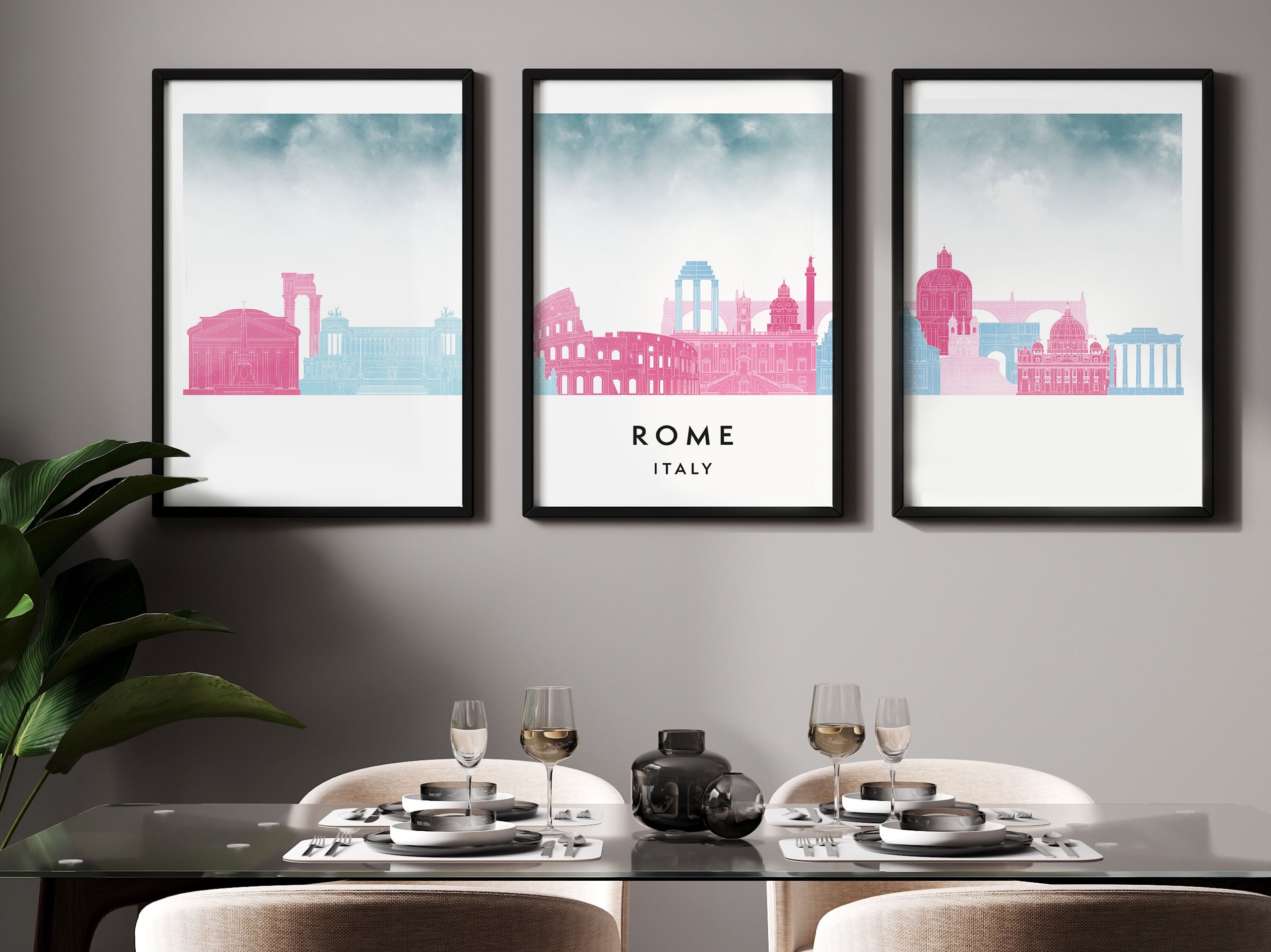 Rome Silhouette Triptych in Watercolor Style, Rome Skyline Poster, Rome Set of 3 Posters, Watercolor style