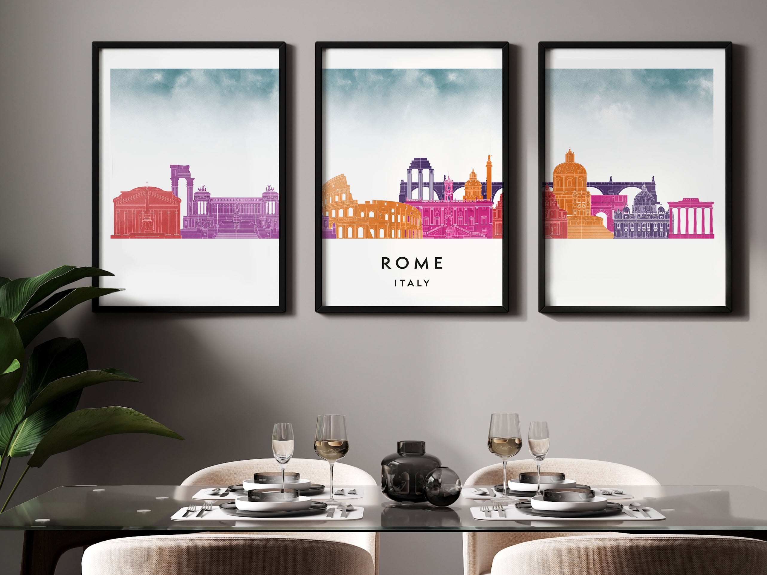 Rome Silhouette Triptych in Watercolor Style, Rome Skyline Poster, Rome Set of 3 Posters