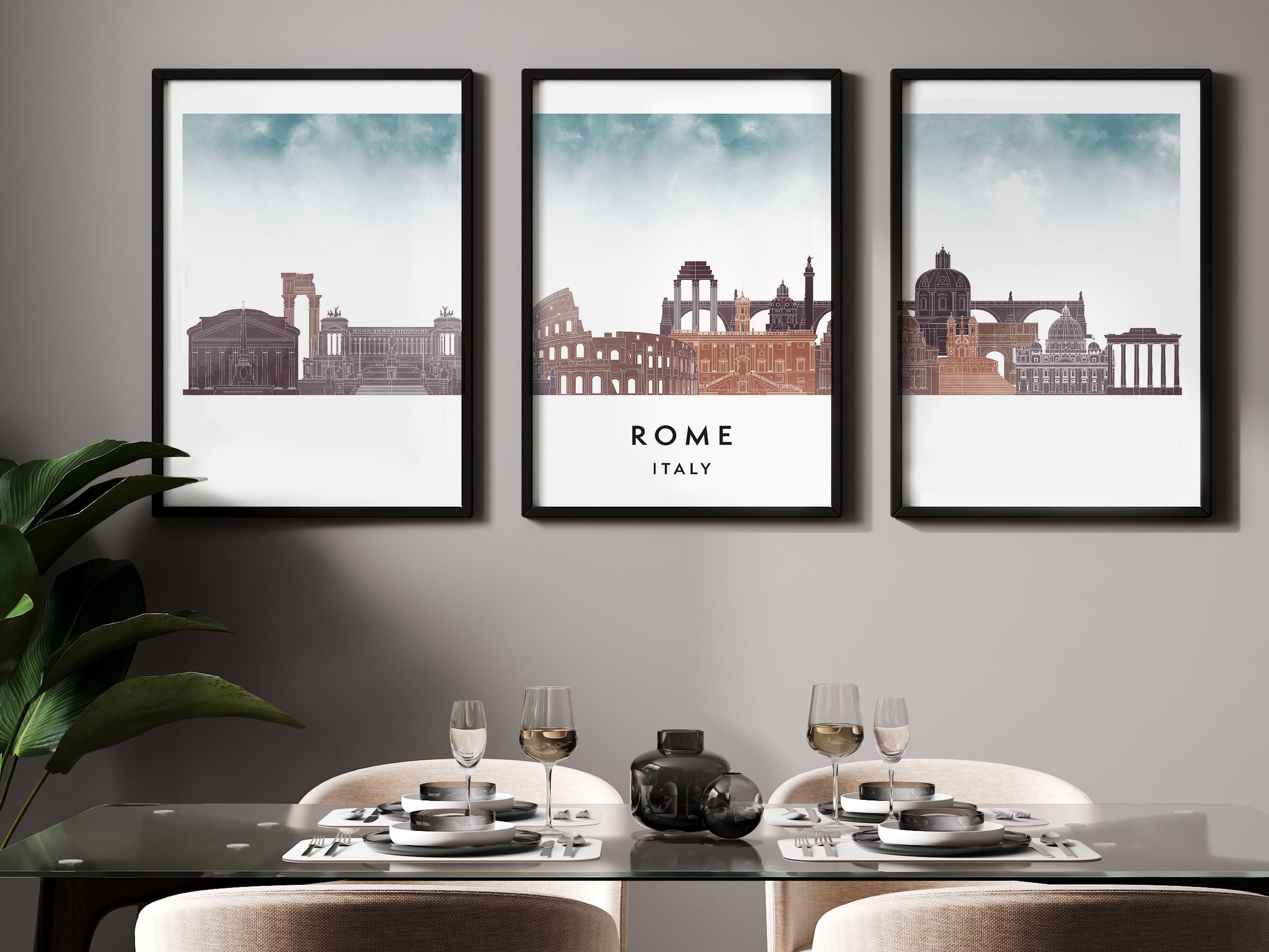 Rome Silhouette Triptych in Watercolor Style, Rome Skyline Poster, Rome Set of 3 Posters, Watercolor style