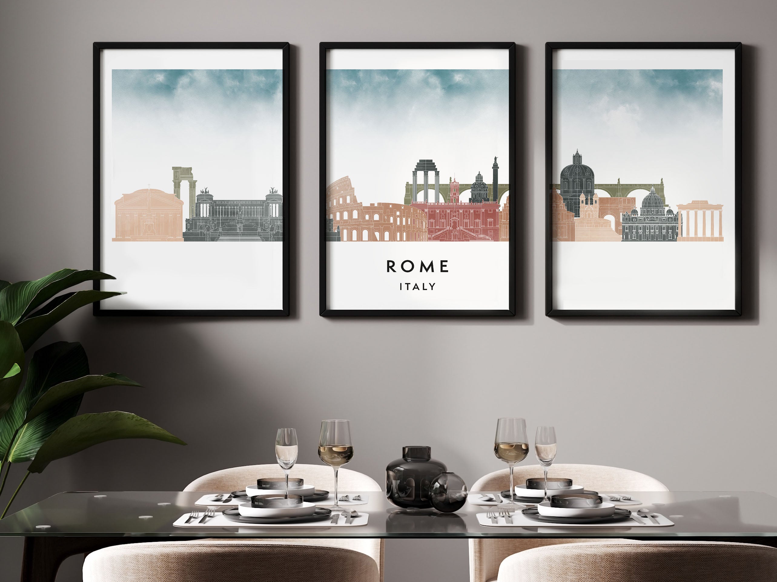 Rome Silhouette Triptych in Watercolor Style, Rome Skyline Poster, Rome Set of 3 Posters, Watercolor style