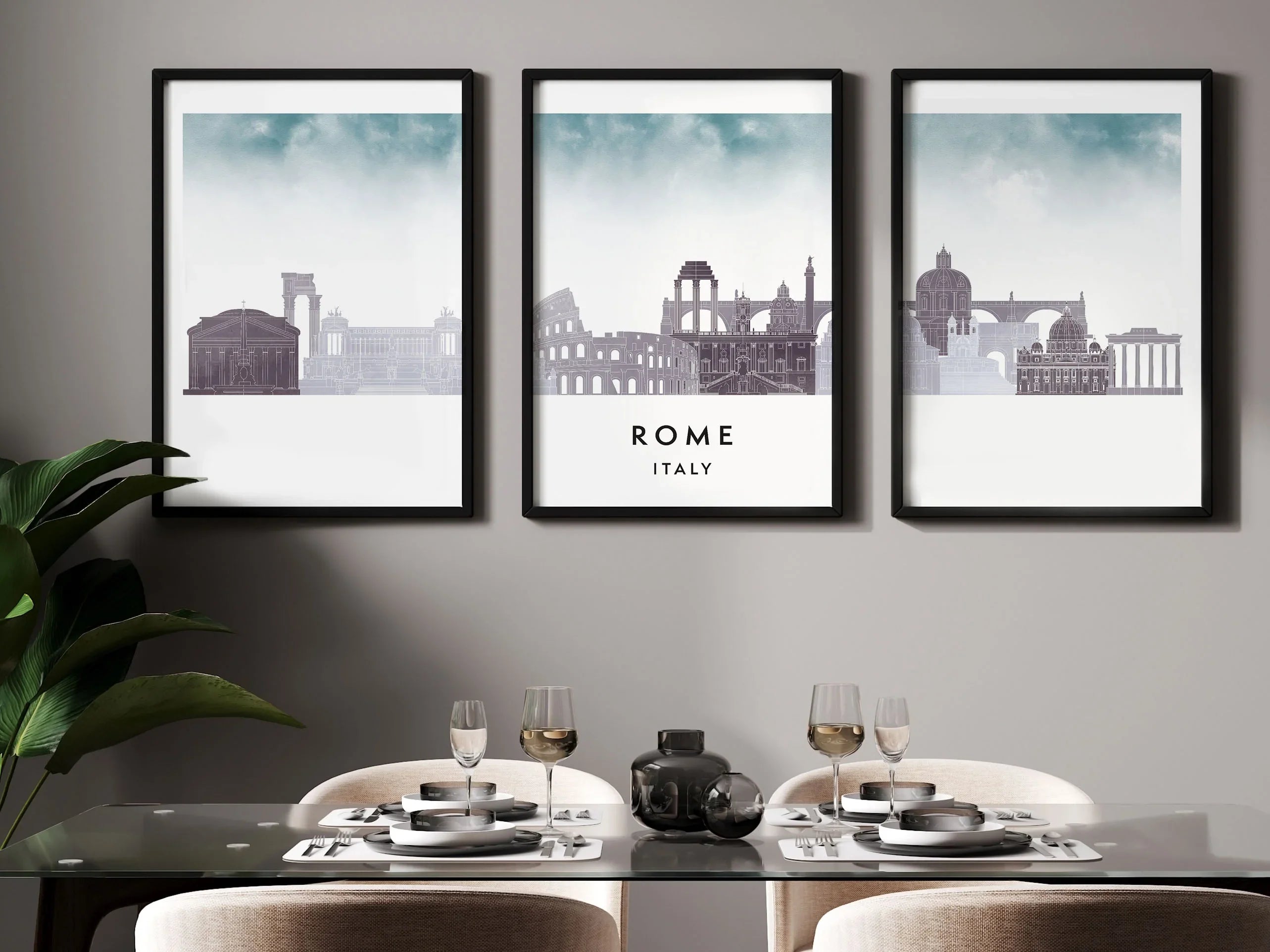 Rome Silhouette Triptych in Watercolor Style, Rome Skyline Poster, Rome Set of 3 Posters, Watercolor style