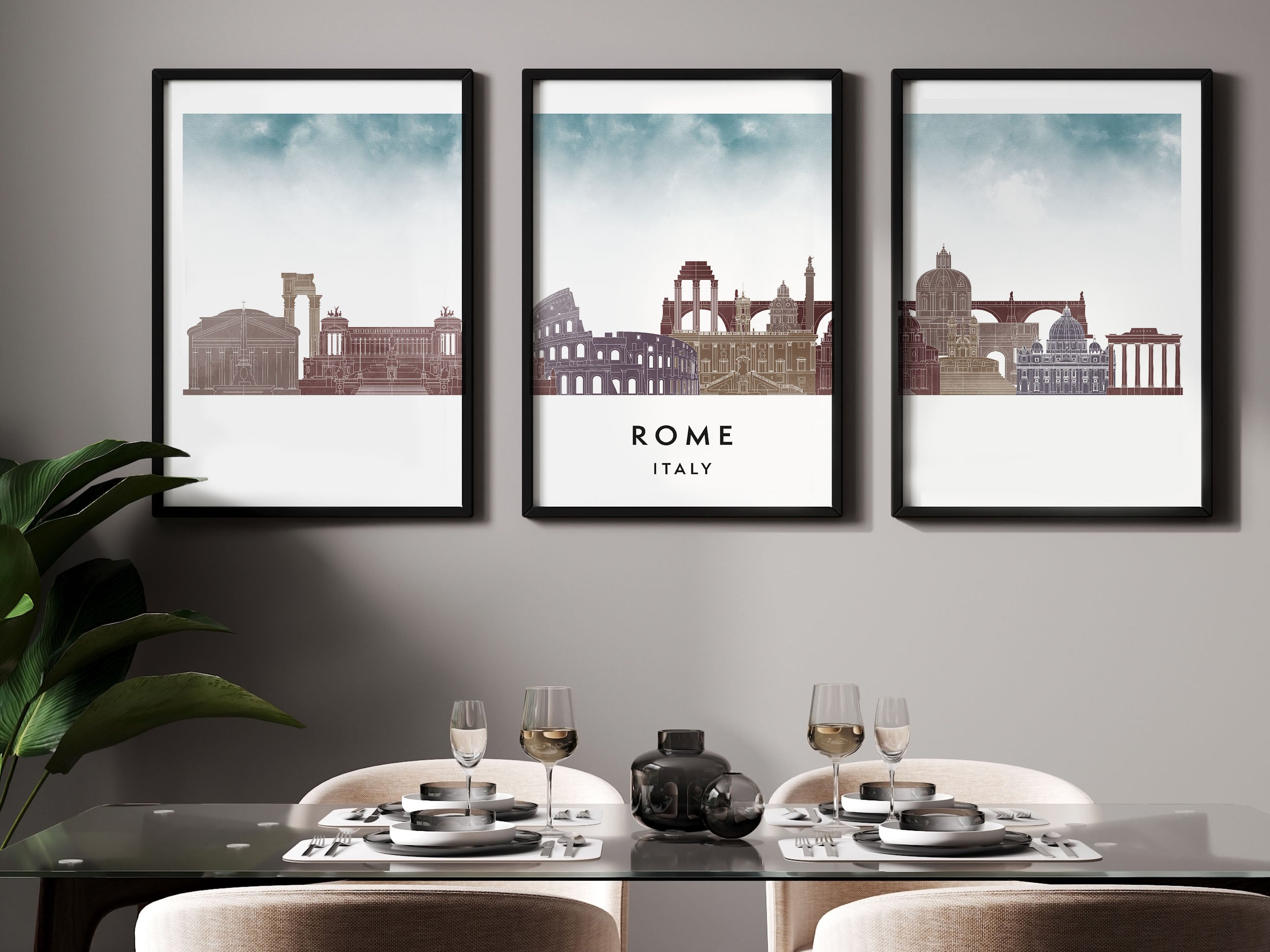 Rome Silhouette Triptych in Watercolor Style, Rome Skyline Poster, Rome Set of 3 Posters, Watercolor style
