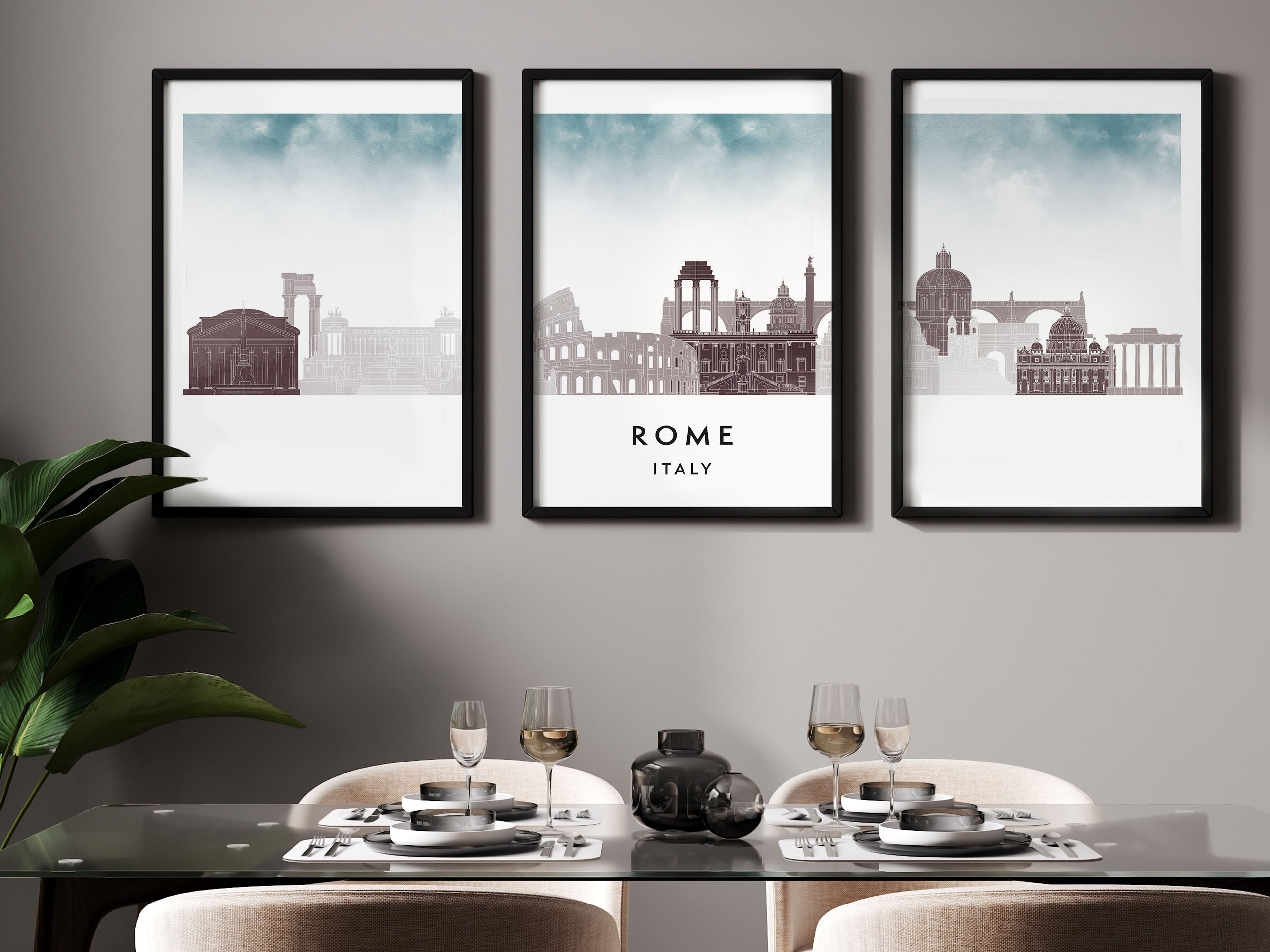 Rome Silhouette Triptych in Watercolor Style, Rome Skyline Poster, Rome Set of 3 Posters, Watercolor style