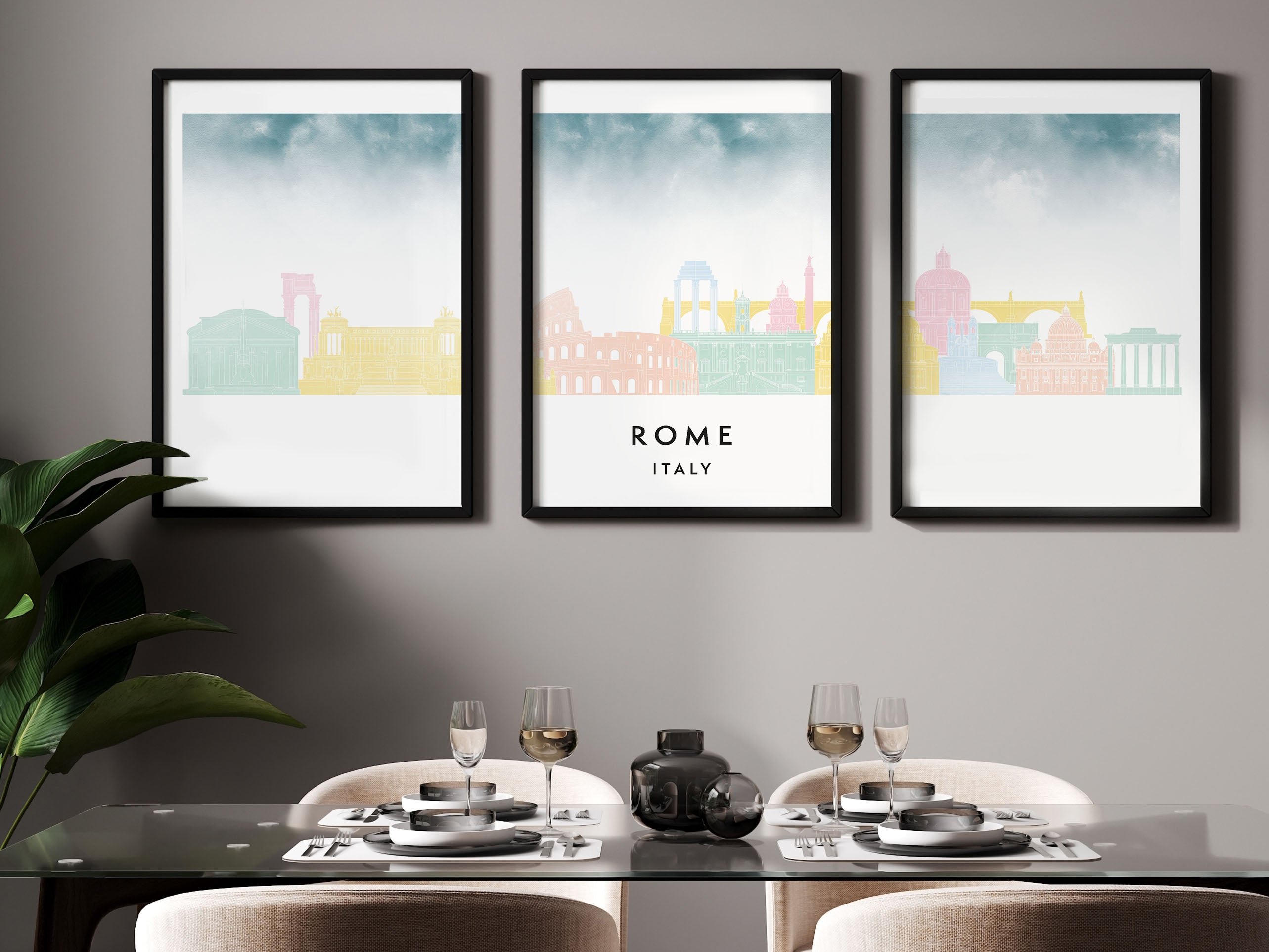 Rome Silhouette Triptych in Watercolor Style, Rome Skyline Poster, Rome Set of 3 Posters, Watercolor style
