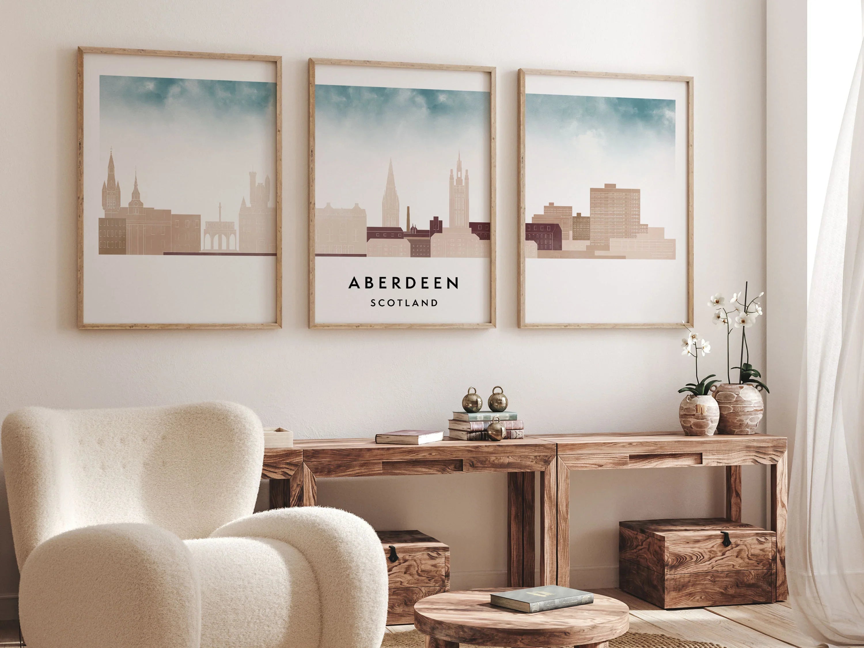 Aberdeen Silhouette Triptych in Watercolor Style, Aberdeen Skyline Poster, Aberdeen Set of 3 Posters, Watercolor style