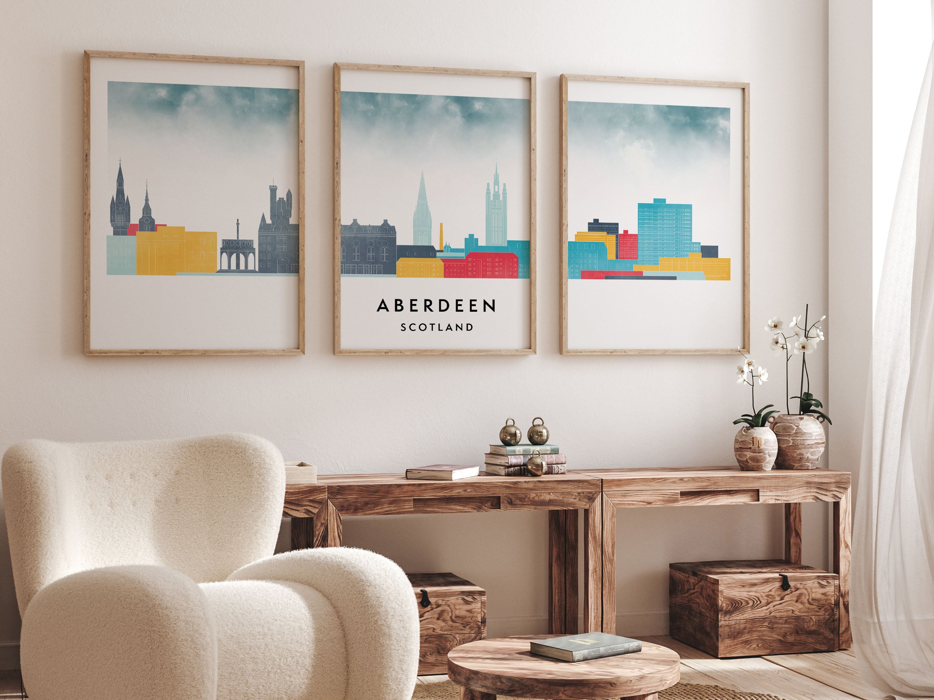 Aberdeen Silhouette Triptych in Watercolor Style, Aberdeen Skyline Poster, Aberdeen Set of 3 Posters, Watercolor style