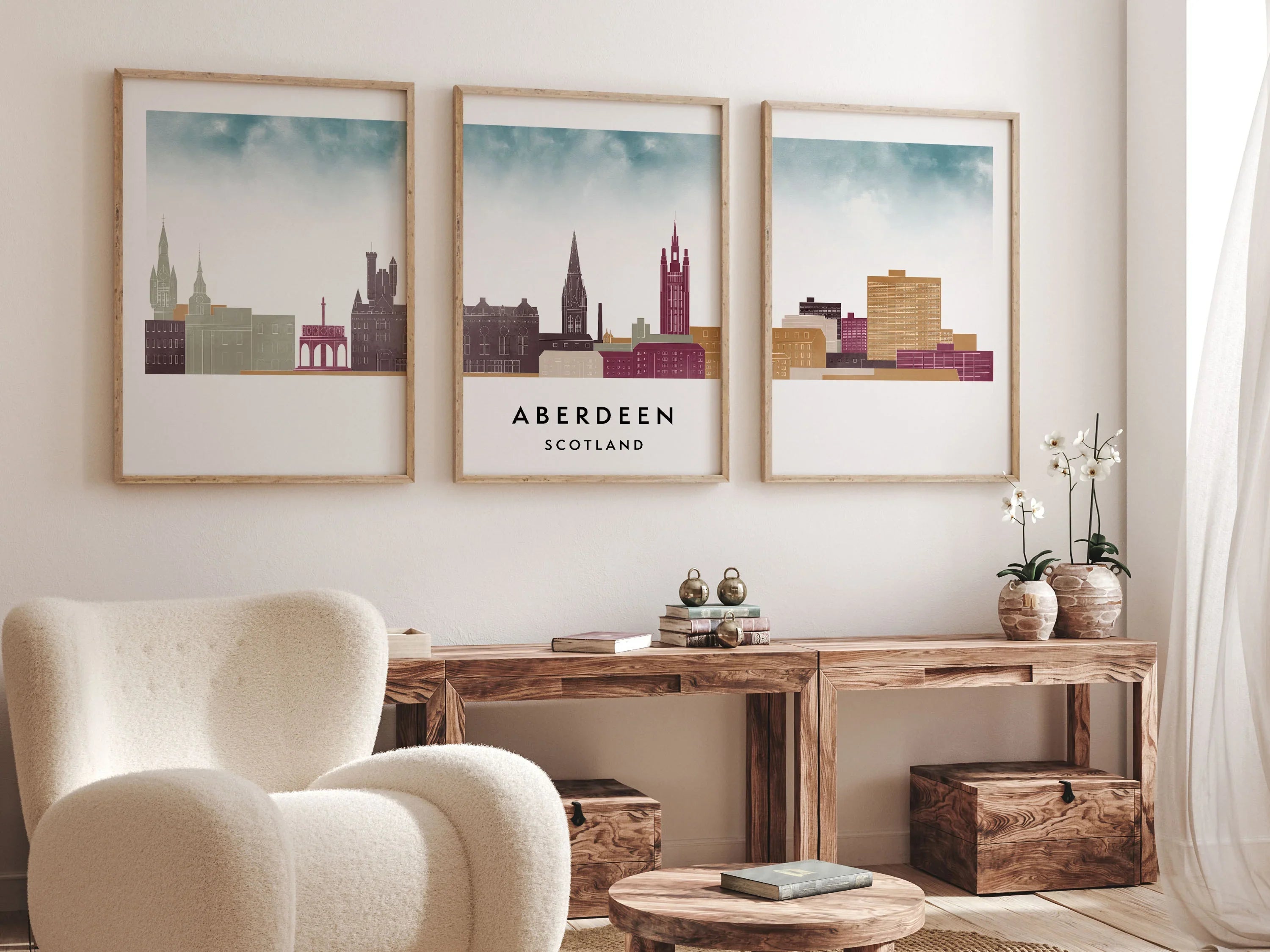 Aberdeen Silhouette Triptych in Watercolor Style, Aberdeen Skyline Poster, Aberdeen Set of 3 Posters, Watercolor style