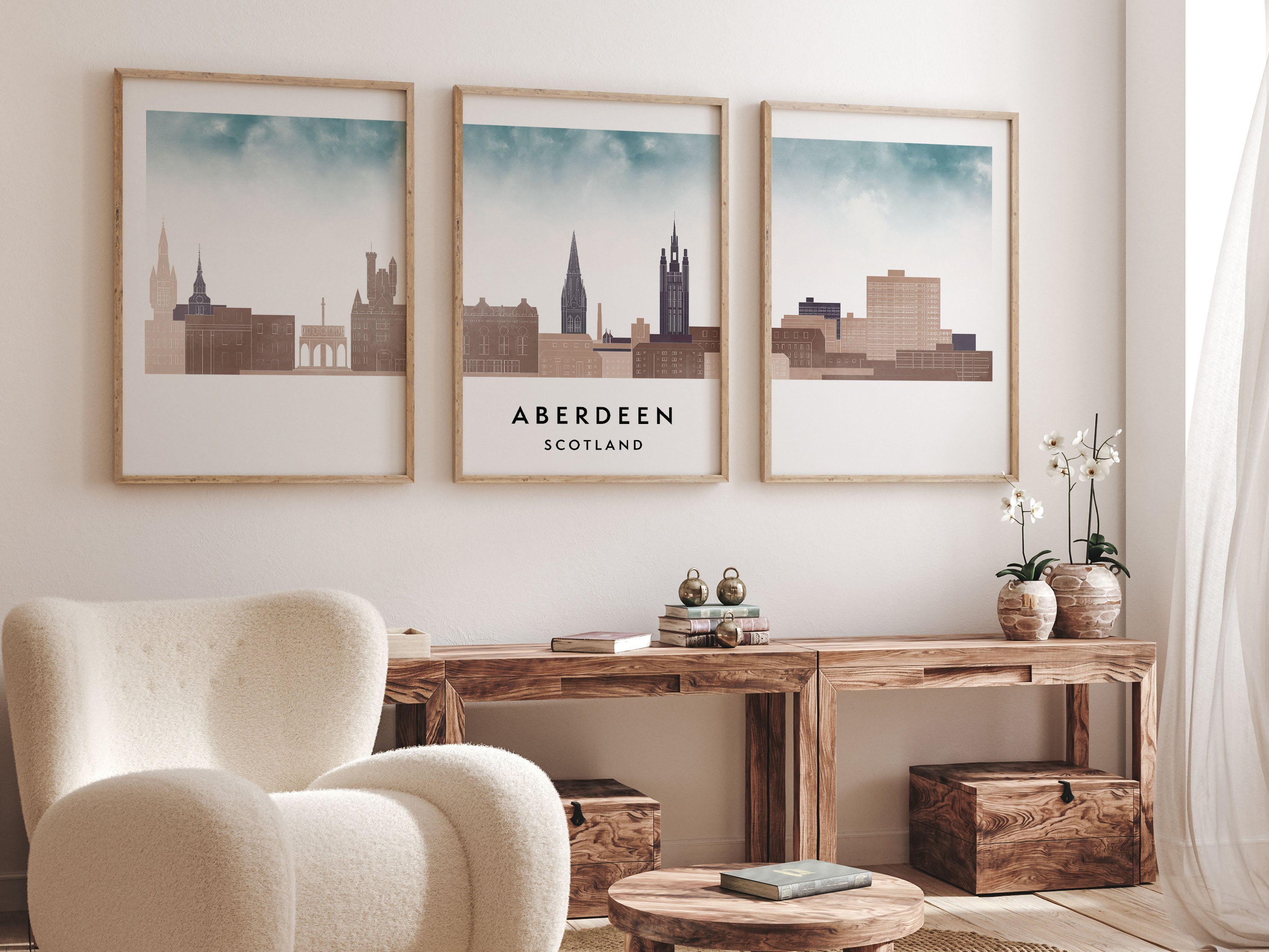 Aberdeen Silhouette Triptych in Watercolor Style, Aberdeen Skyline Poster, Aberdeen Set of 3 Posters, Watercolor style