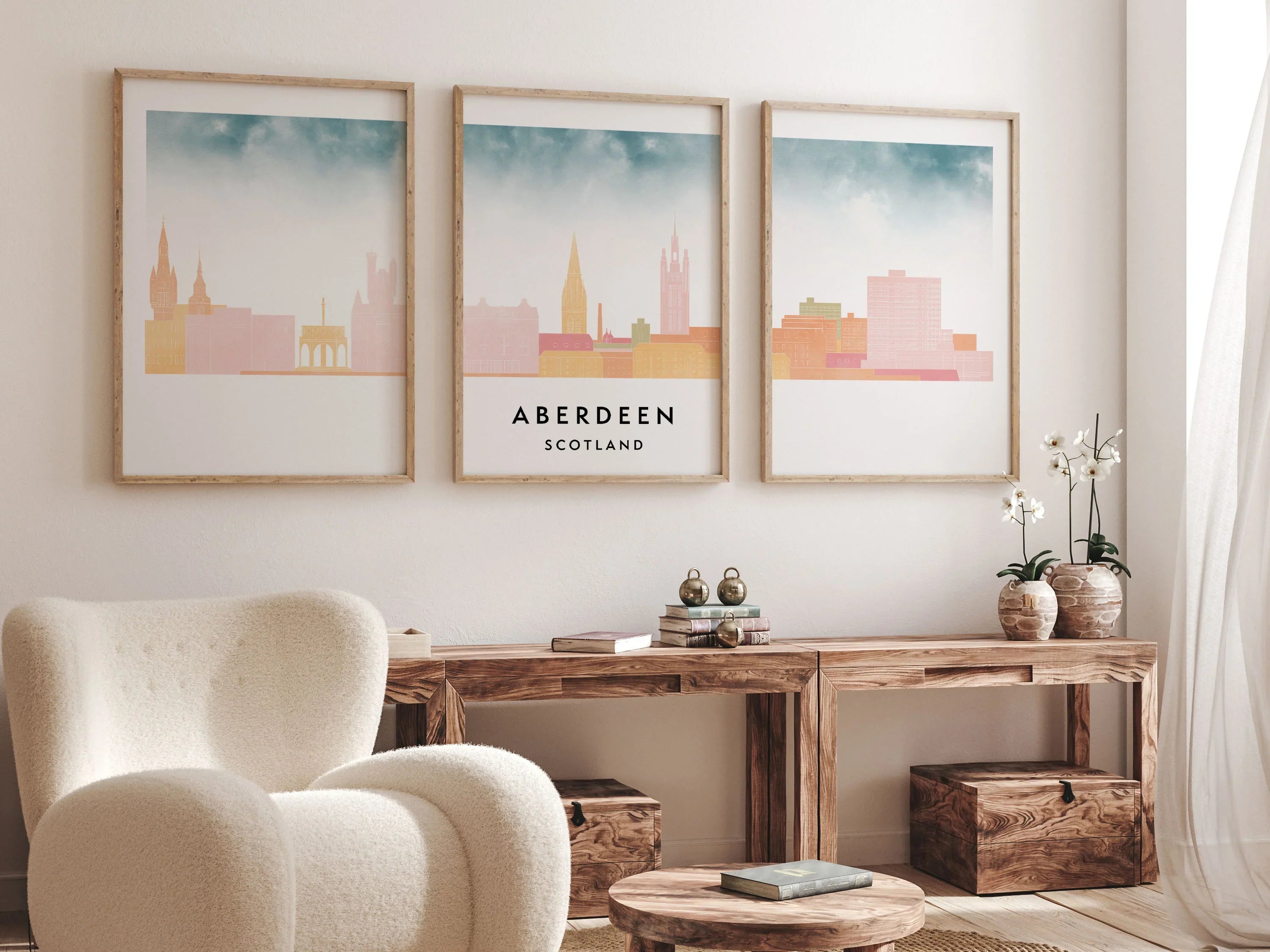Aberdeen Silhouette Triptych in Watercolor Style, Aberdeen Skyline Poster, Aberdeen Set of 3 Posters, Watercolor style