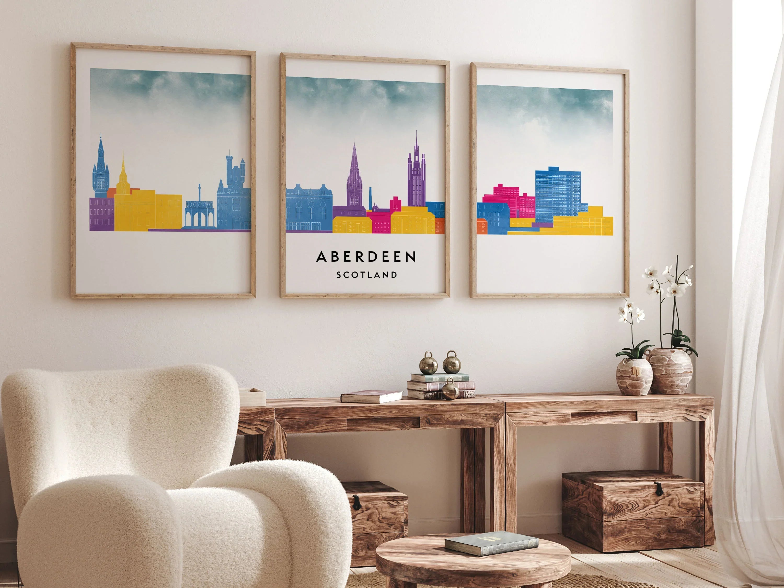 Aberdeen Silhouette Triptych in Watercolor Style, Aberdeen Skyline Poster, Aberdeen Set of 3 Posters, Watercolor style
