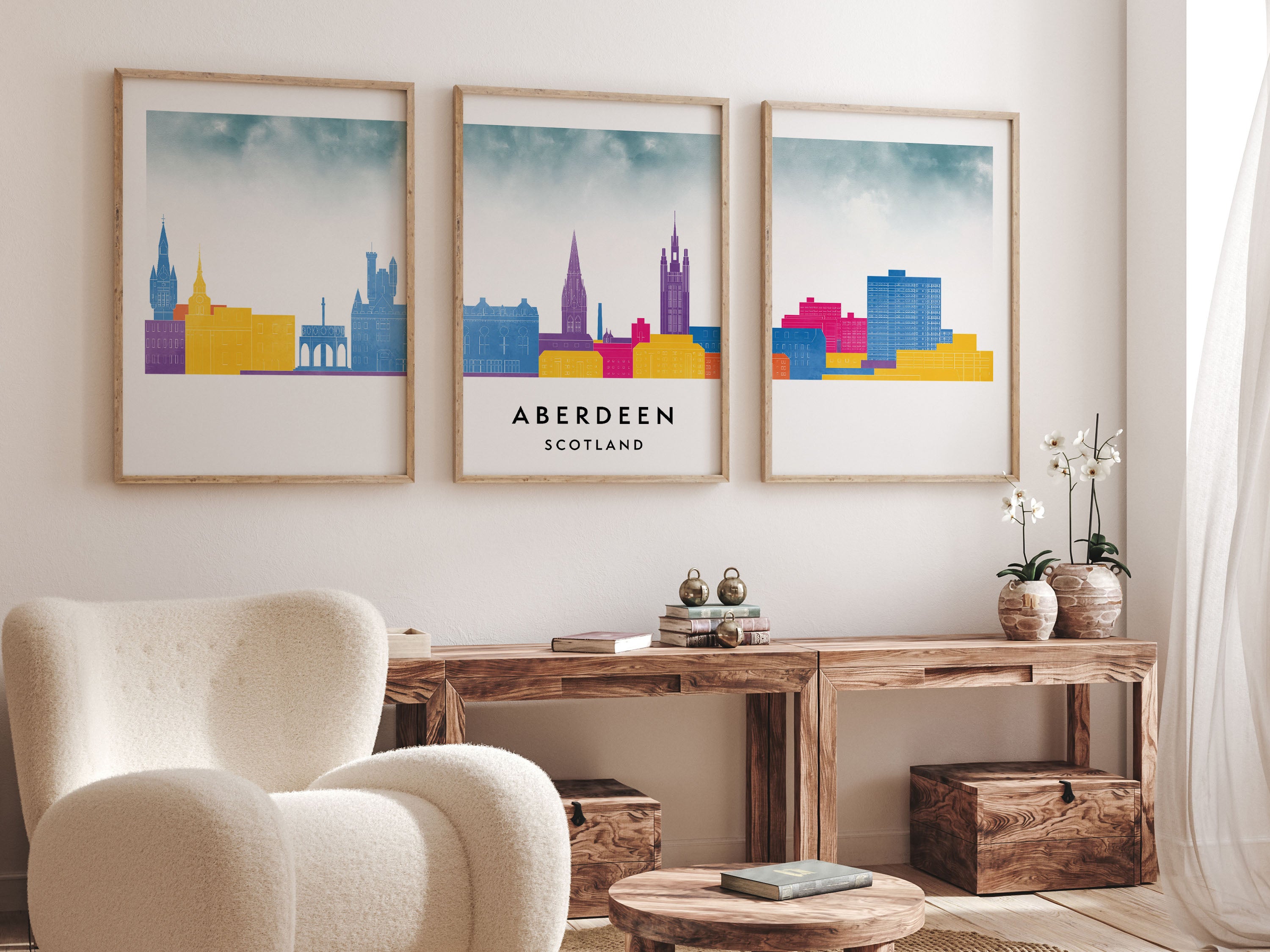 Aberdeen Silhouette Triptych in Watercolor Style, Aberdeen Skyline Poster, Aberdeen Set of 3 Posters, Watercolor style