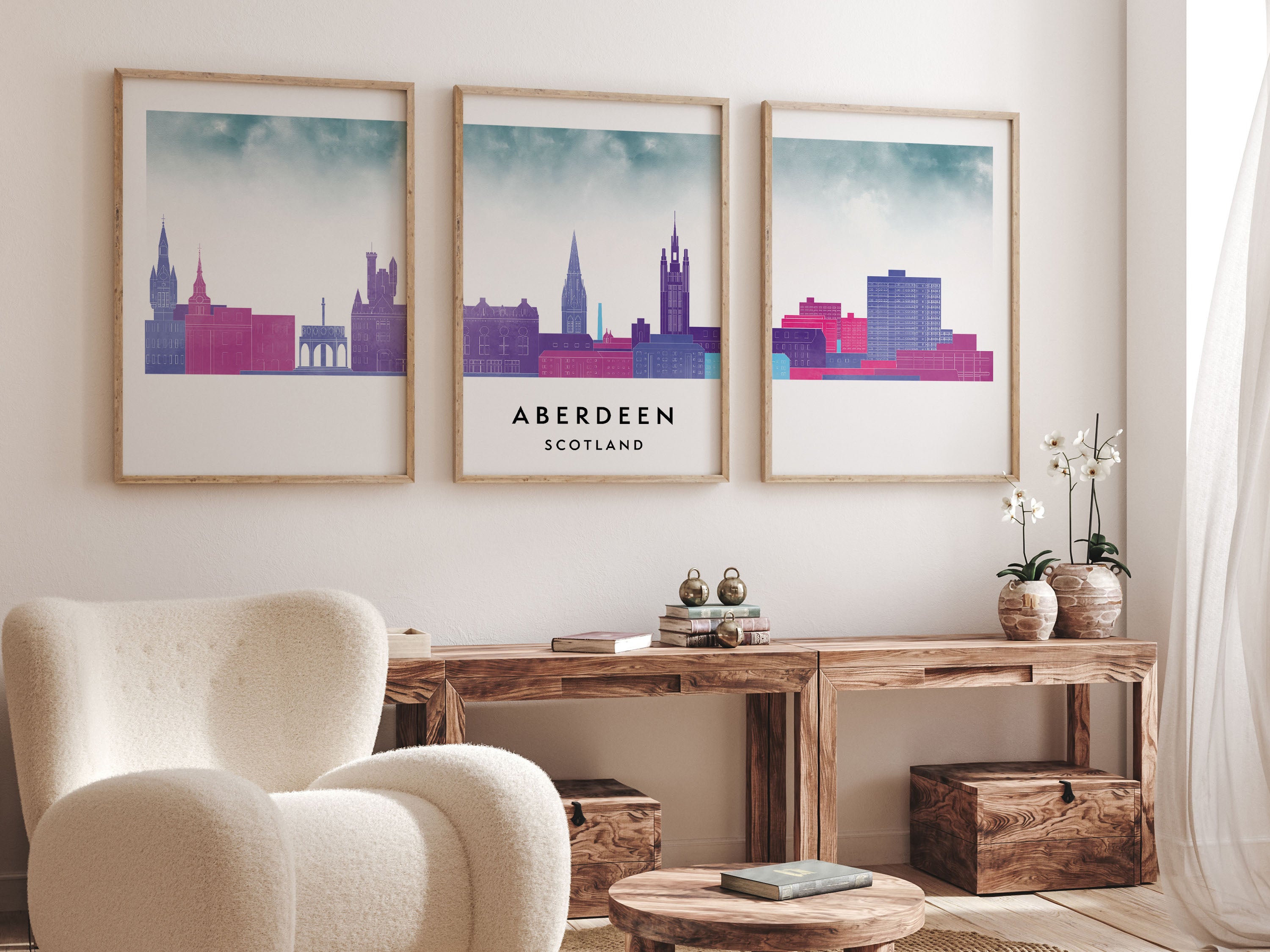 Aberdeen Silhouette Triptych in Watercolor Style, Aberdeen Skyline Poster, Aberdeen Set of 3 Posters, Watercolor style