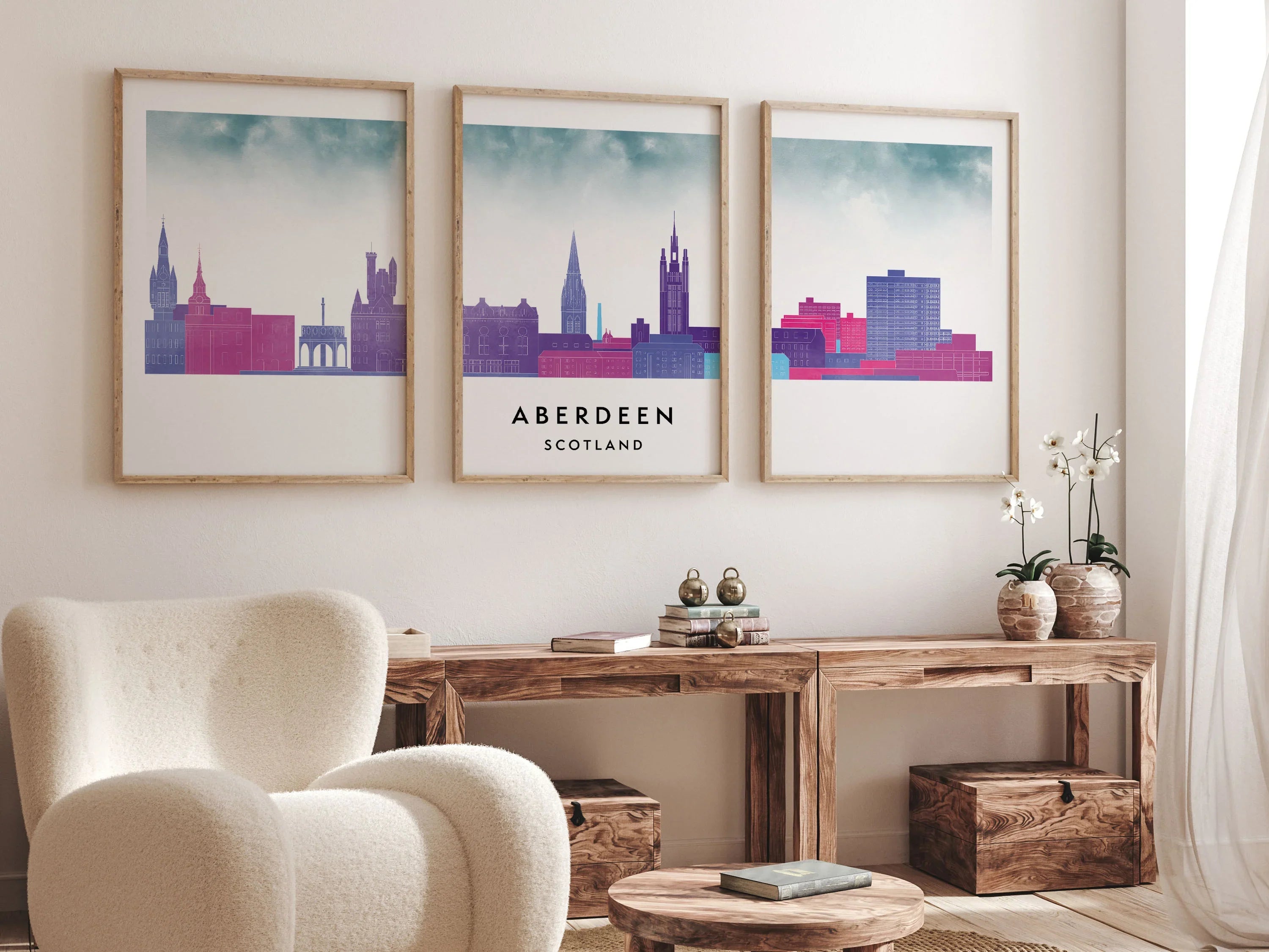 Aberdeen Silhouette Triptych in Watercolor Style, Aberdeen Skyline Poster, Aberdeen Set of 3 Posters, Watercolor style