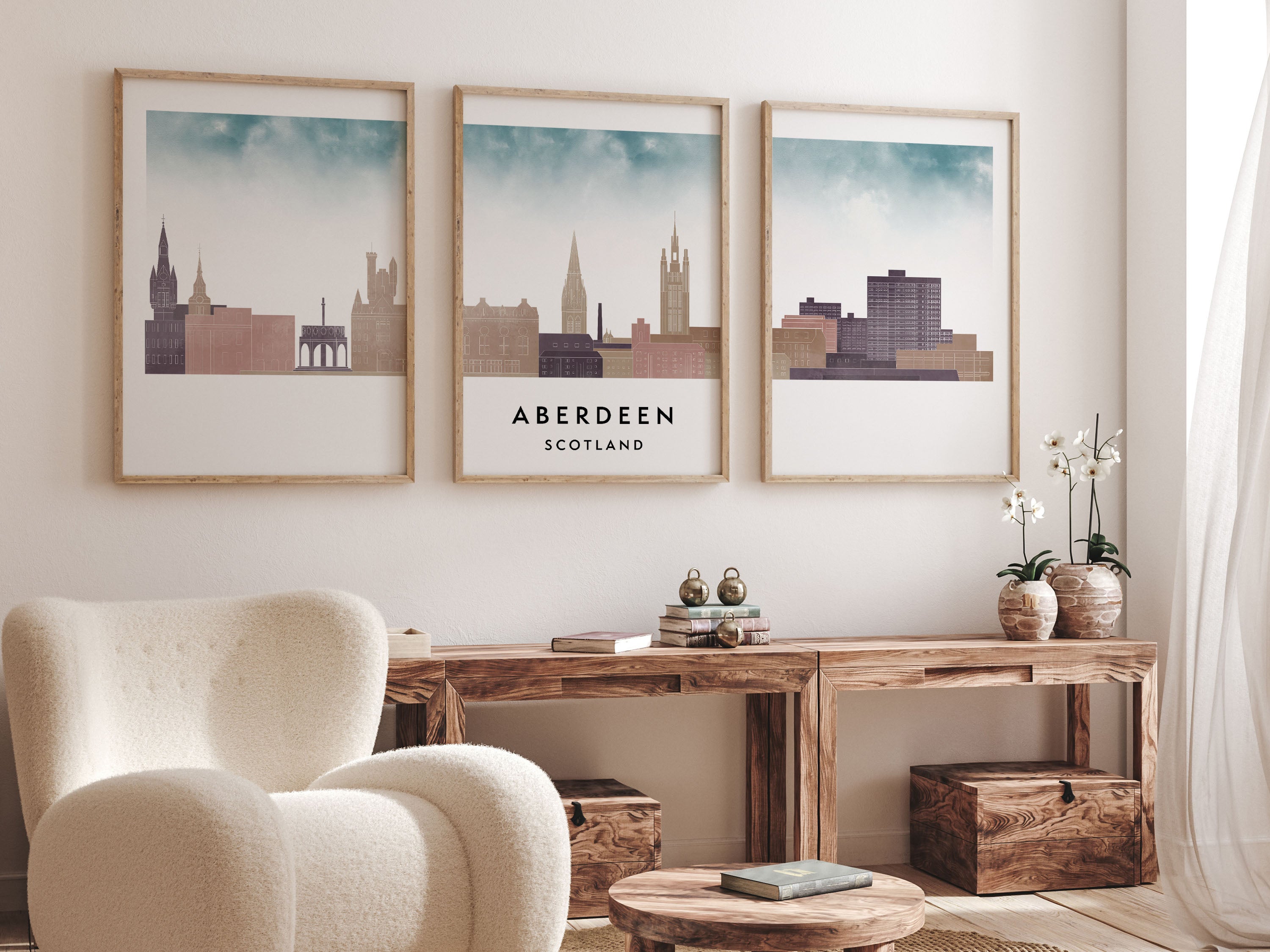Aberdeen Silhouette Triptych in Watercolor Style, Aberdeen Skyline Poster, Aberdeen Set of 3 Posters, Watercolor style