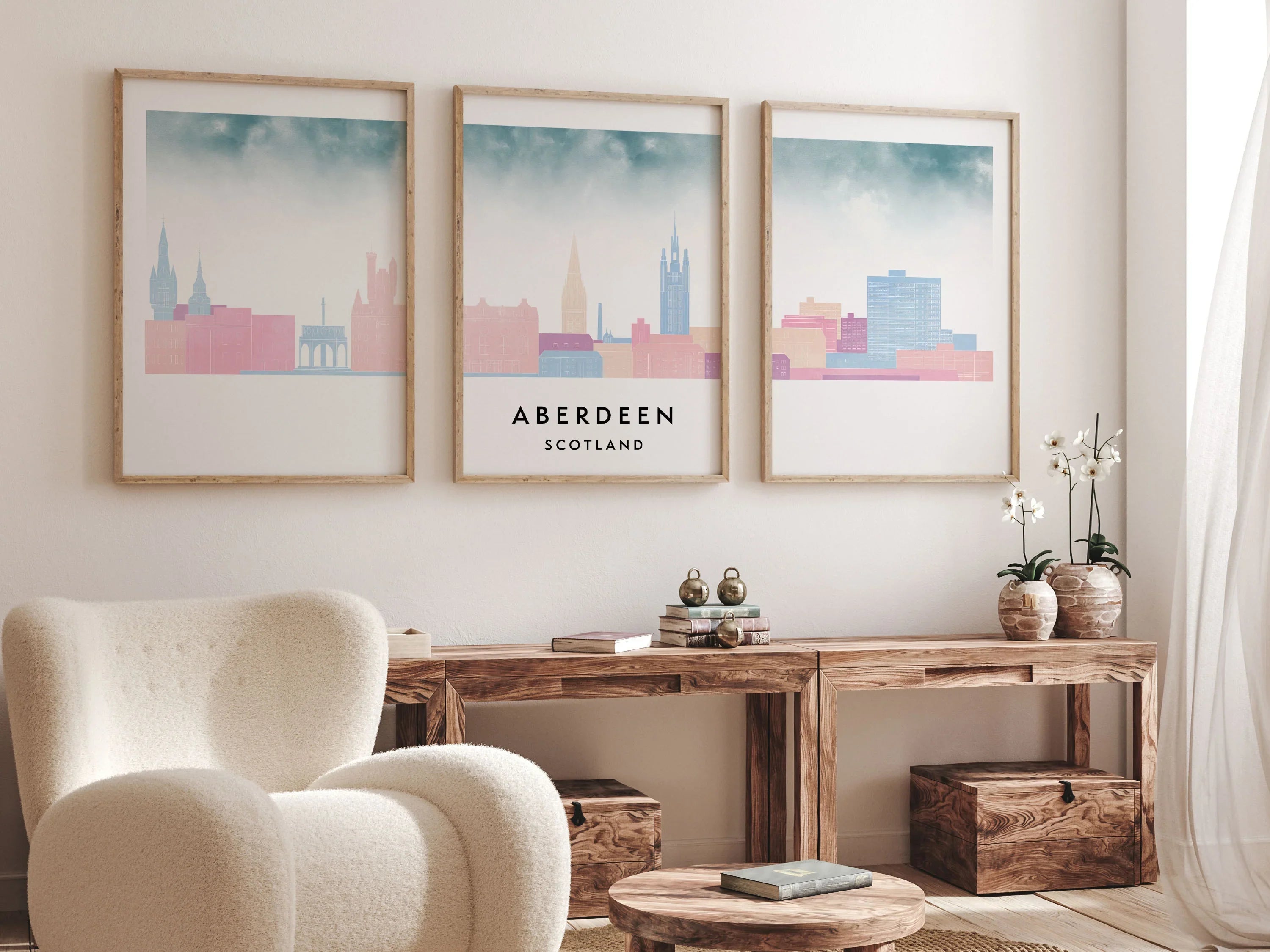 Aberdeen Silhouette Triptych in Watercolor Style, Aberdeen Skyline Poster, Aberdeen Set of 3 Posters, Watercolor style