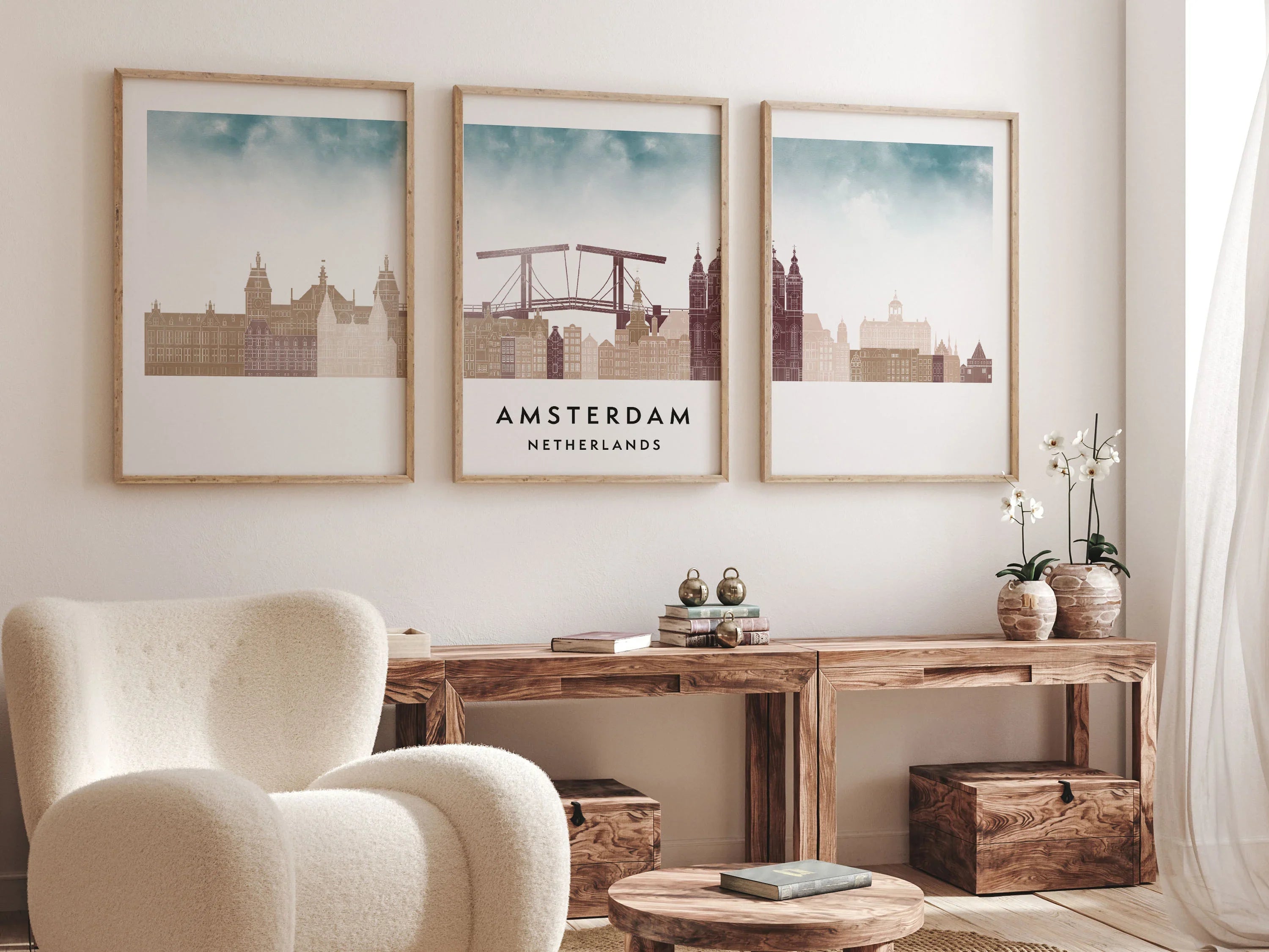 Amsterdam Silhouette Triptych in Watercolor Style, Amsterdam Skyline Poster, Amsterdam Set of 3 Posters, Watercolor style