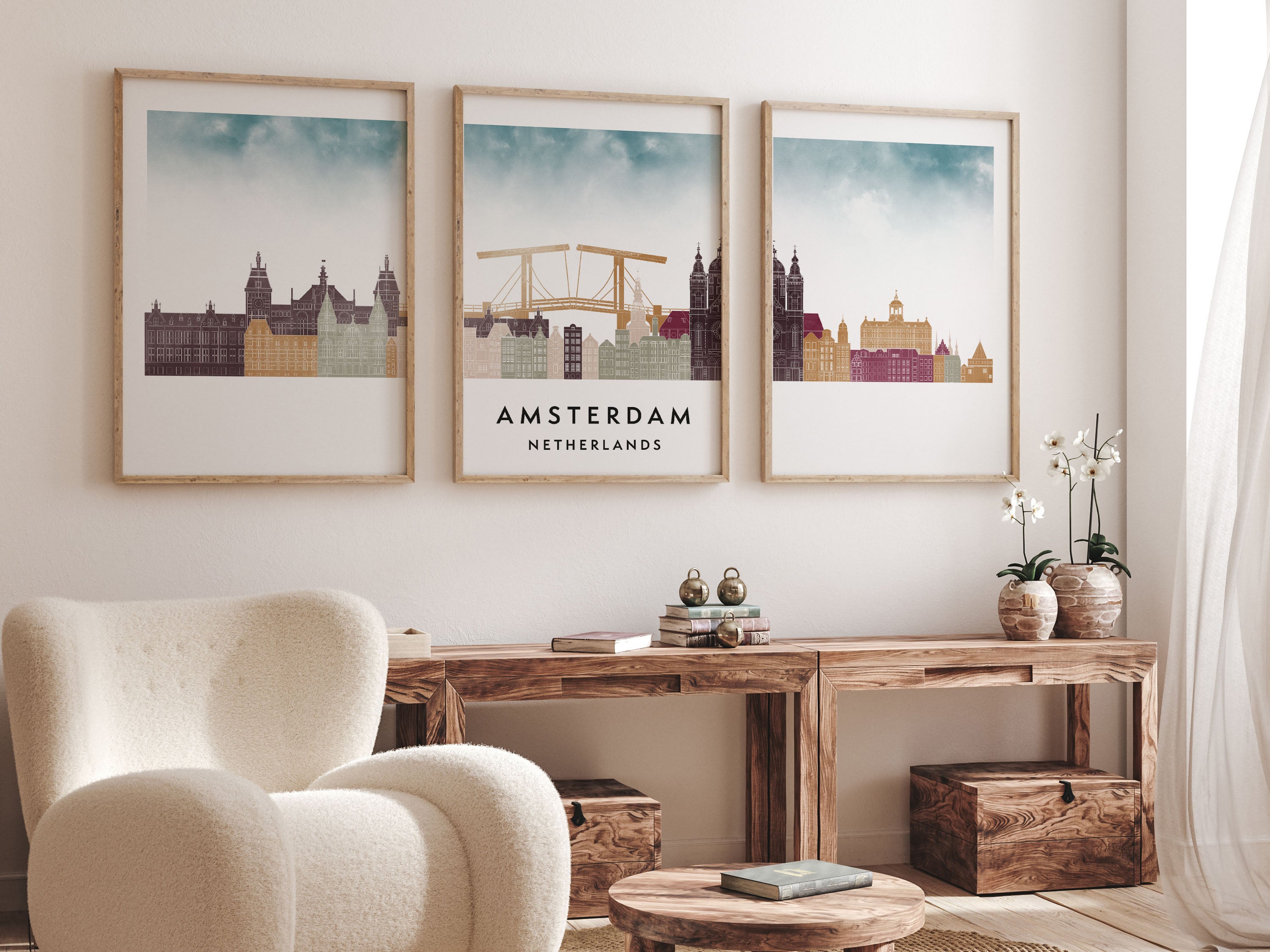 Amsterdam Silhouette Triptych in Watercolor Style, Amsterdam Skyline Poster, Amsterdam Set of 3 Posters