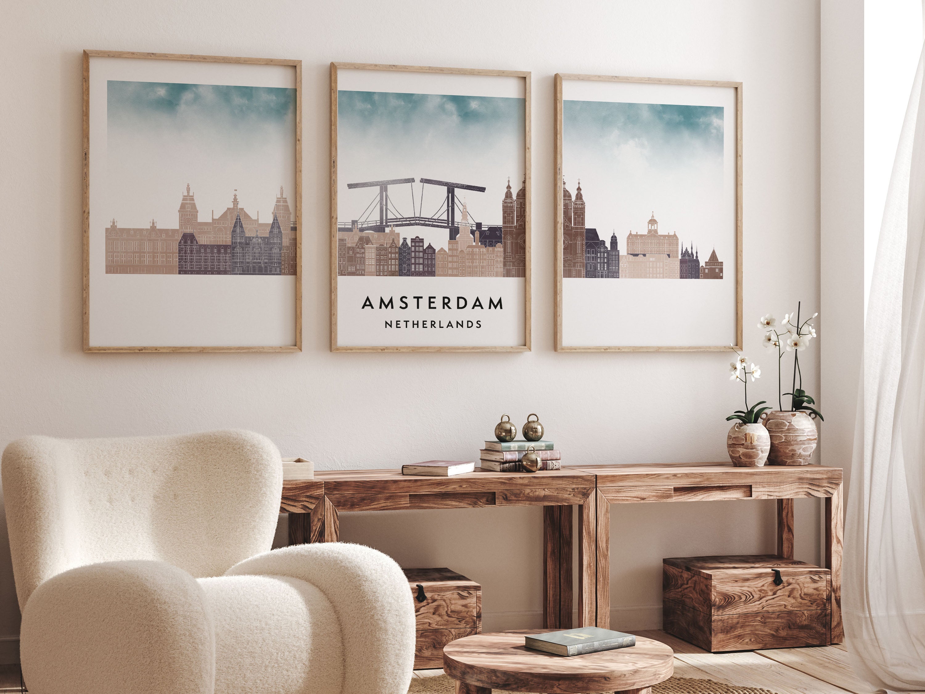 Amsterdam Silhouette Triptych in Watercolor Style, Amsterdam Skyline Poster, Amsterdam Set of 3 Posters, Watercolor style