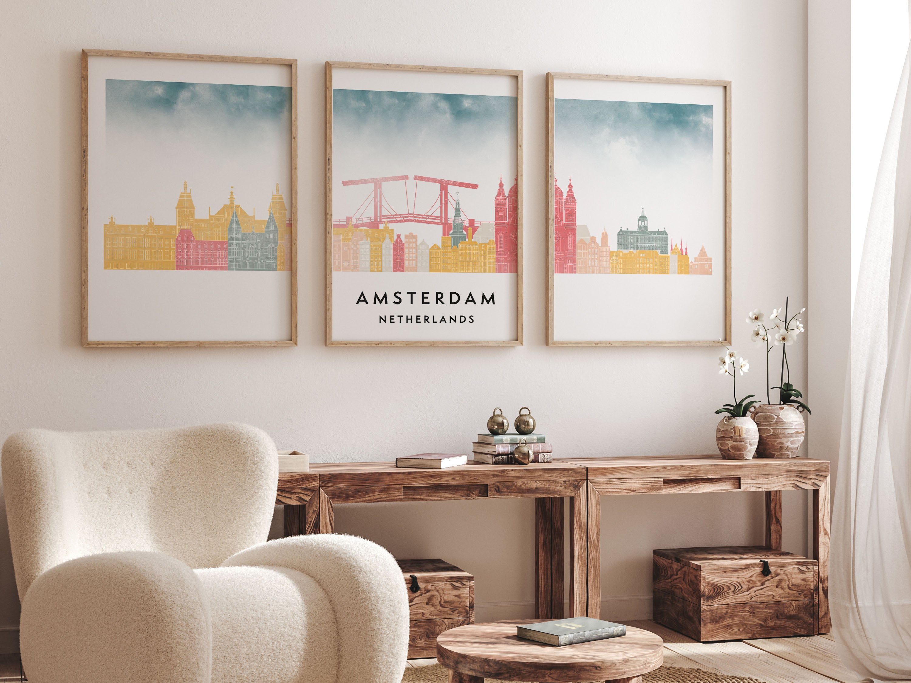 Amsterdam Silhouette Triptych in Watercolor Style, Amsterdam Skyline Poster, Amsterdam Set of 3 Posters, Watercolor style
