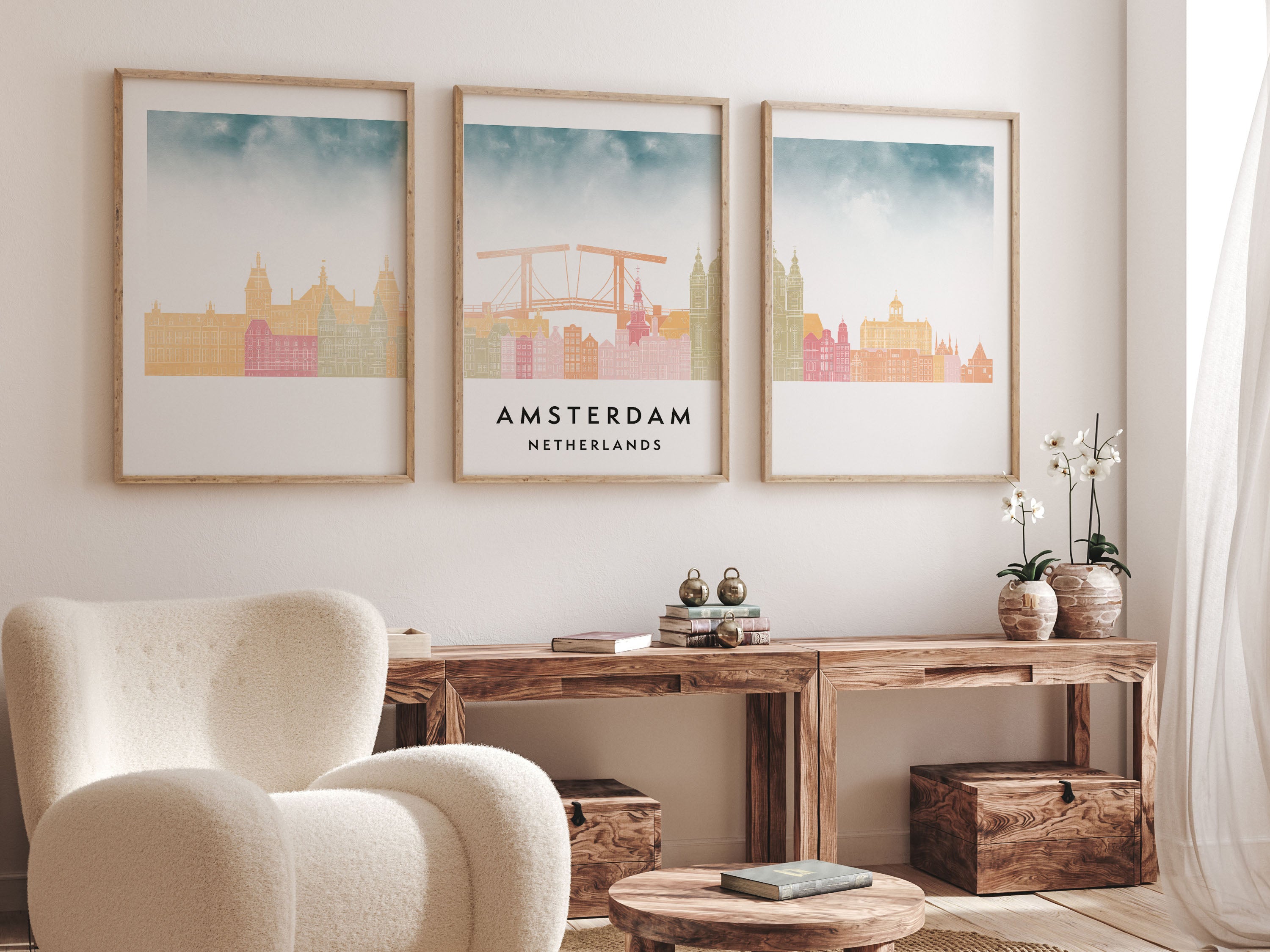 Amsterdam Silhouette Triptych in Watercolor Style, Amsterdam Skyline Poster, Amsterdam Set of 3 Posters, Watercolor style