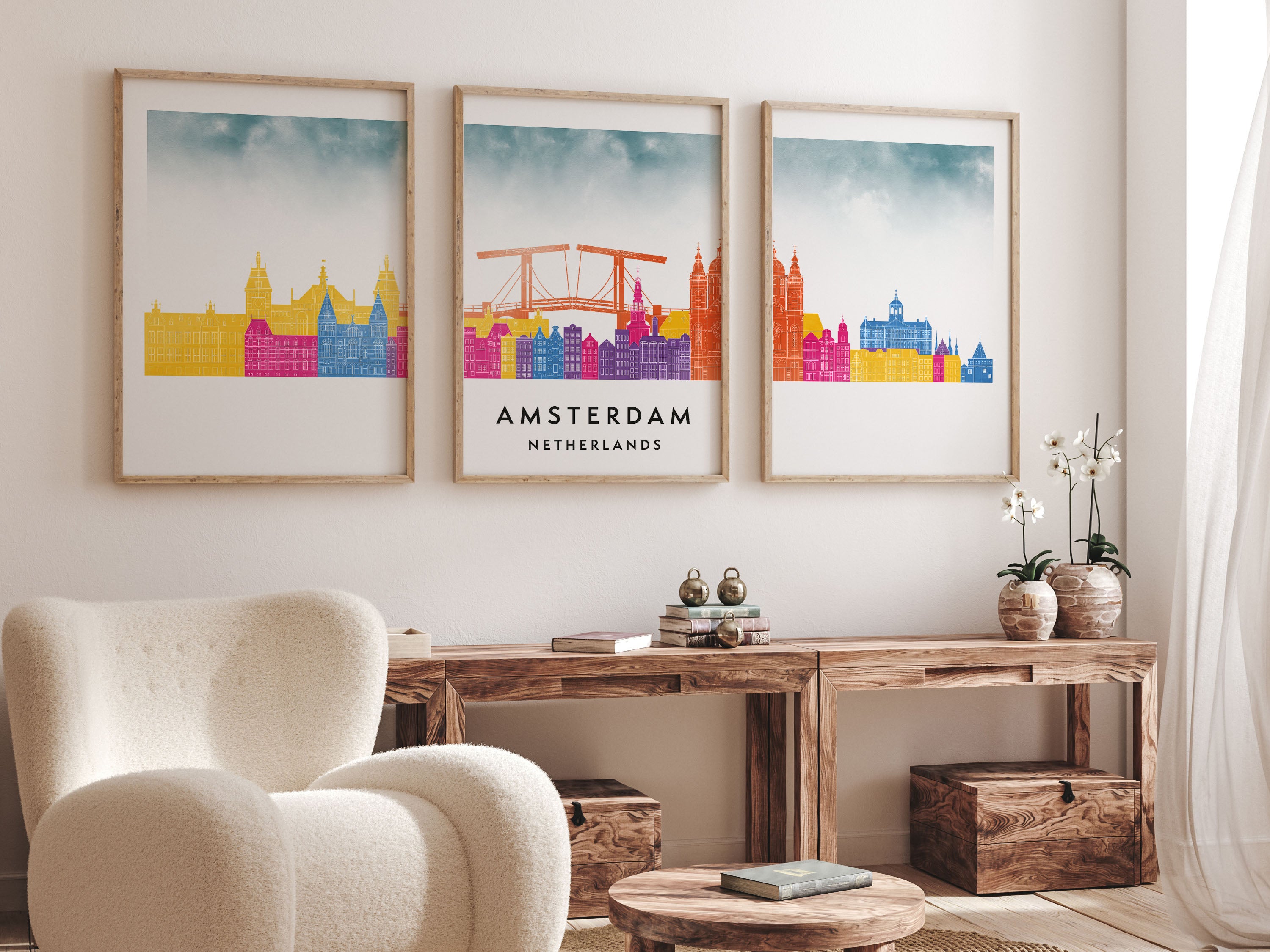 Amsterdam Silhouette Triptych in Watercolor Style, Amsterdam Skyline Poster, Amsterdam Set of 3 Posters