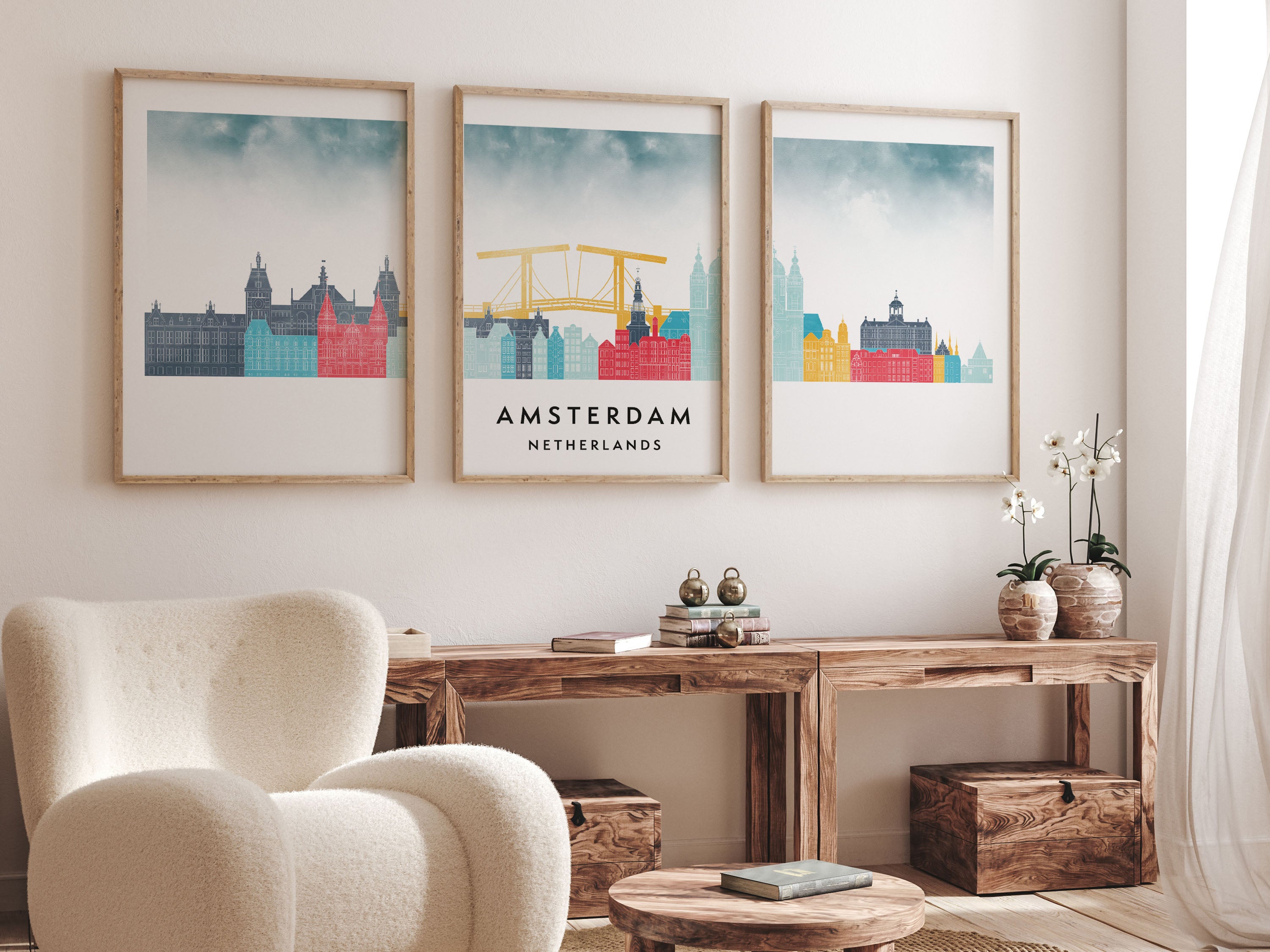 Amsterdam Silhouette Triptych in Watercolor Style, Amsterdam Skyline Poster, Amsterdam Set of 3 Posters, Watercolor style