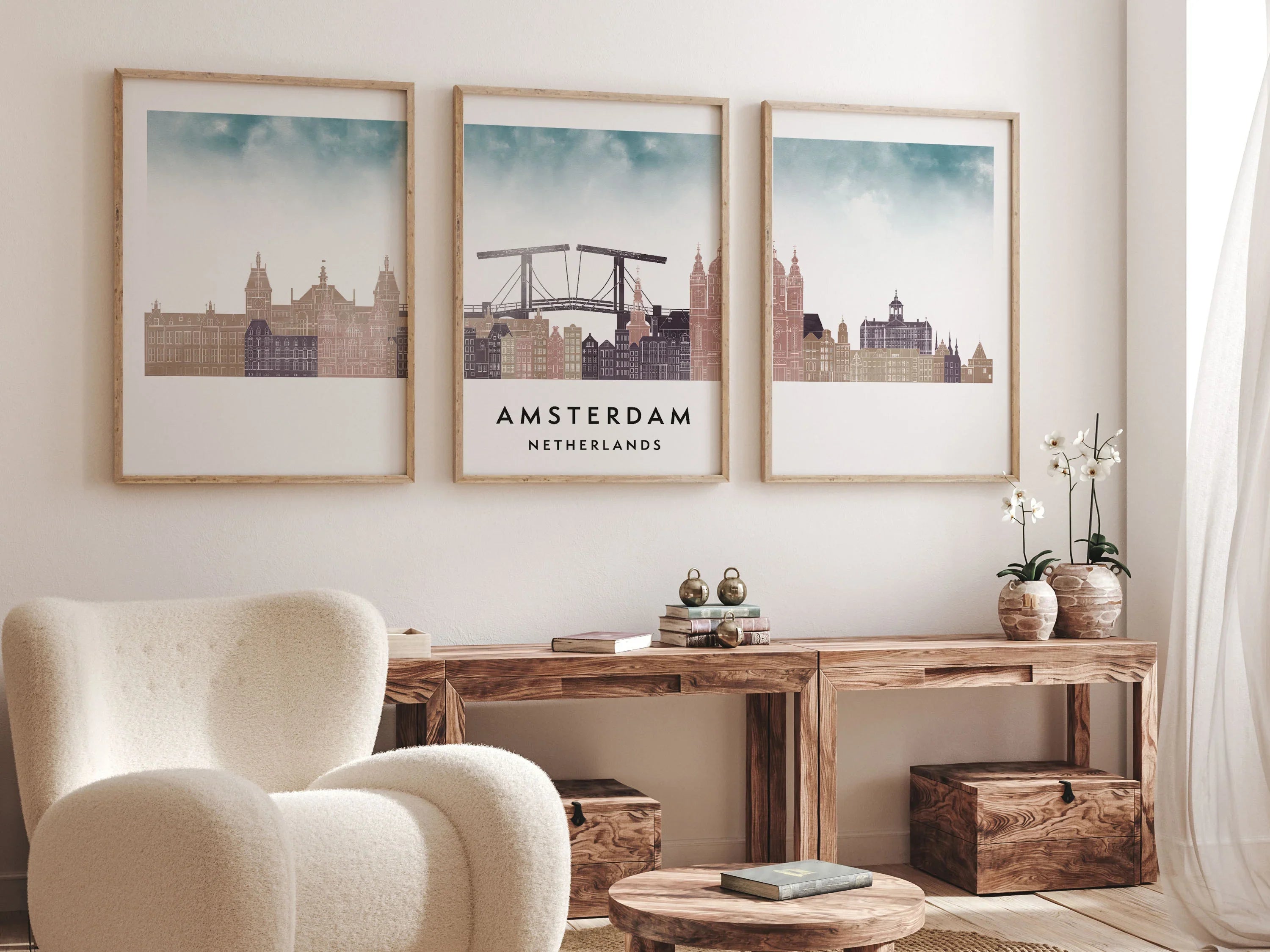 Amsterdam Silhouette Triptych in Watercolor Style, Amsterdam Skyline Poster, Amsterdam Set of 3 Posters