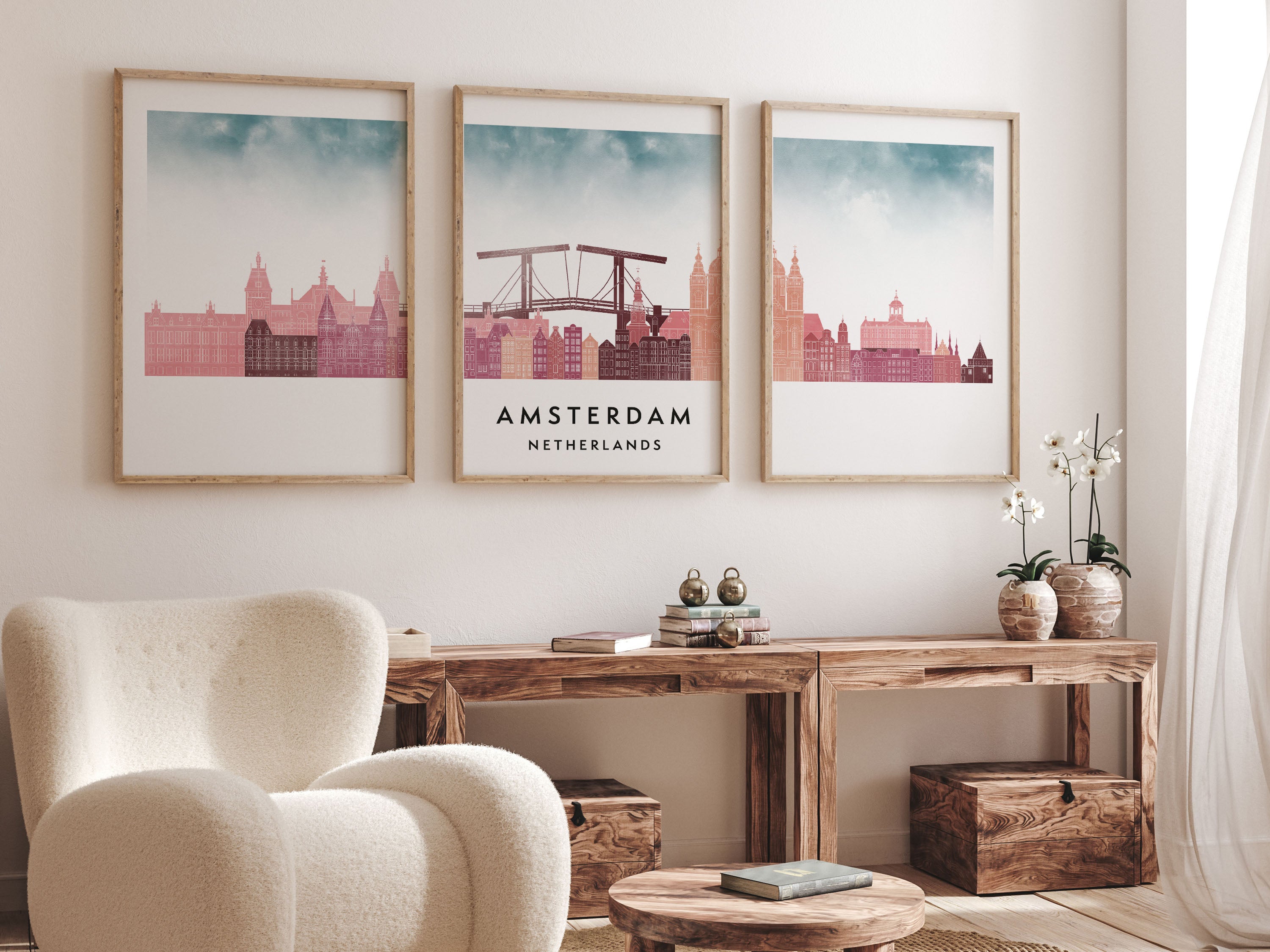 Amsterdam Silhouette Triptych in Watercolor Style, Amsterdam Skyline Poster, Amsterdam Set of 3 Posters, Watercolor style