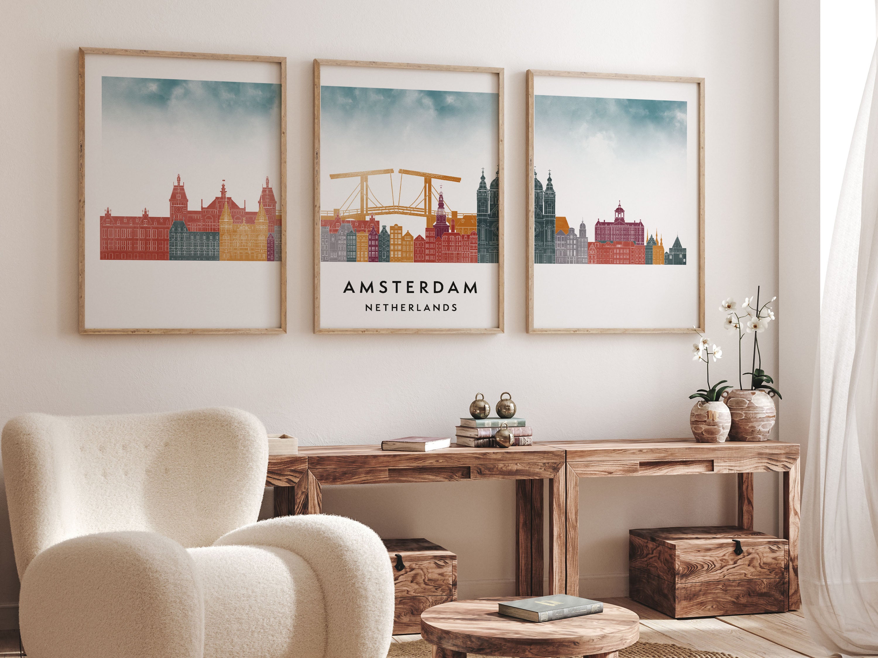 Amsterdam Silhouette Triptych in Watercolor Style, Amsterdam Skyline Poster, Amsterdam Set of 3 Posters, Watercolor style